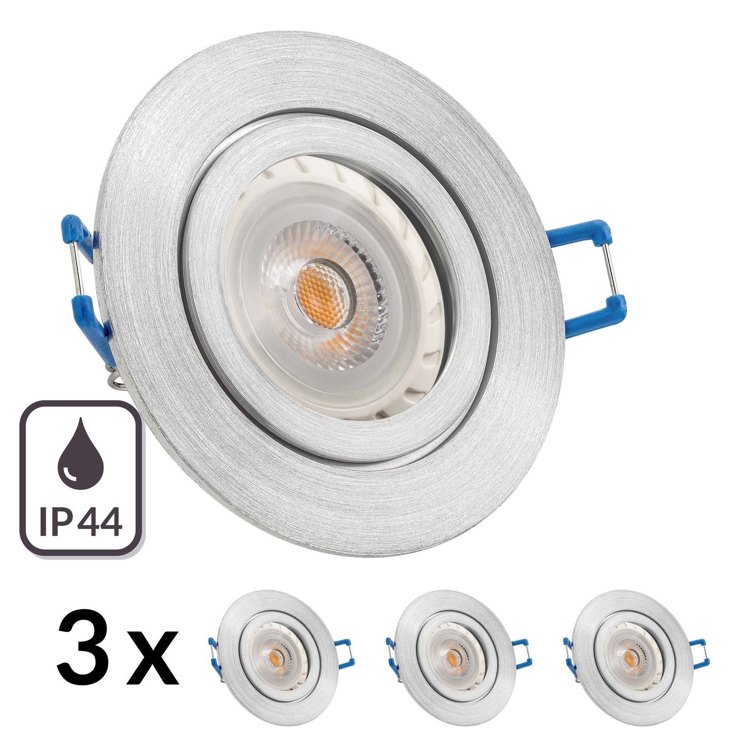 LEDANDO LED Einbaustrahler 3er IP44 LED Einbaustrahler Set Aluminium natur mit LED GU10 Markenstr