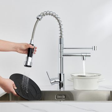 AuraLum pro Küchenarmatur Wasserhahn Küche mit Spiralfeder, 360° Drehbare Spültischarmaturen Einhebel Mischbatterie mit zwei Ausläufen, Chrom