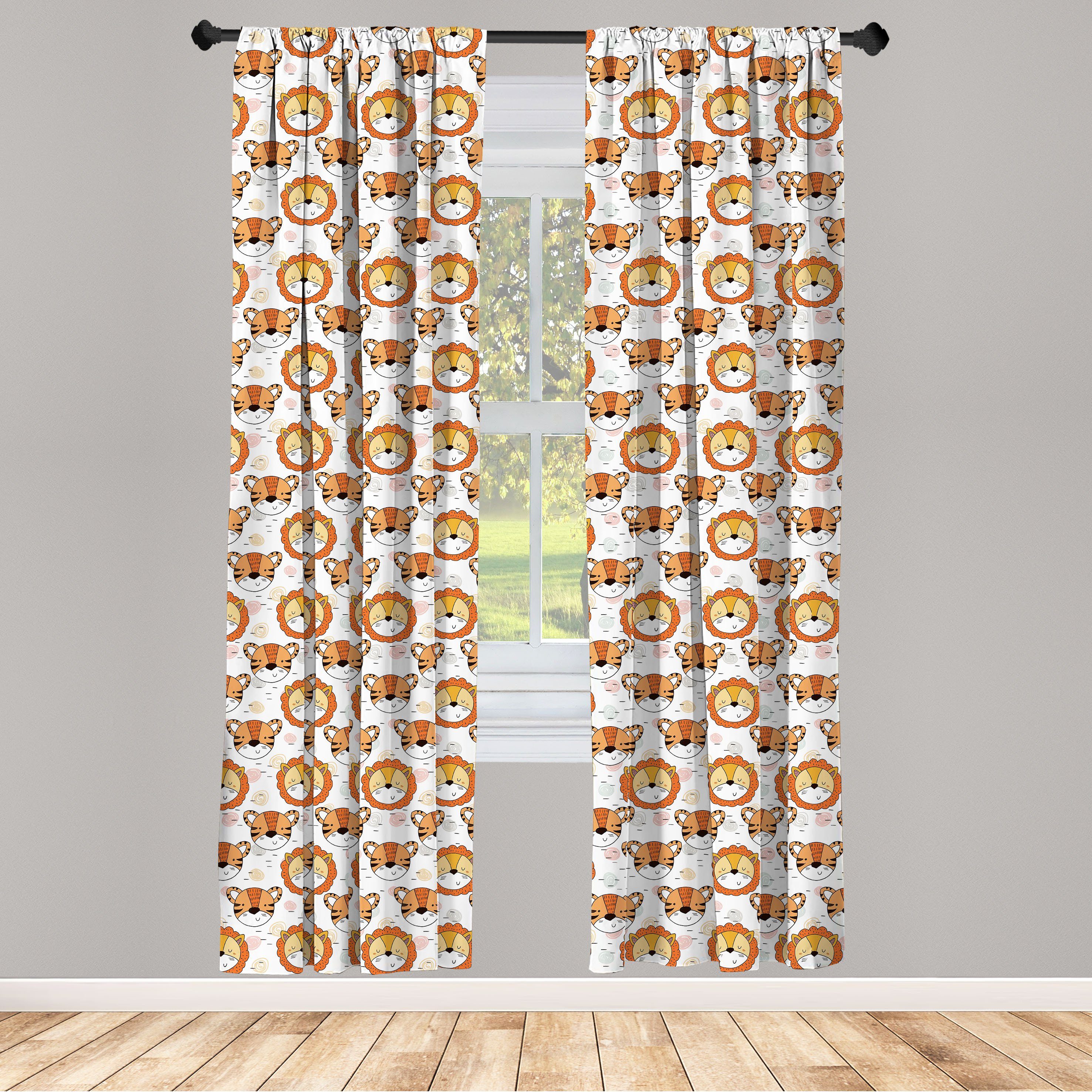 Gardine Vorhang für Wohnzimmer Schlafzimmer Dekor, Abakuhaus, Microfaser, Safari Tiger und Löwe Köpfe | Fertiggardinen
