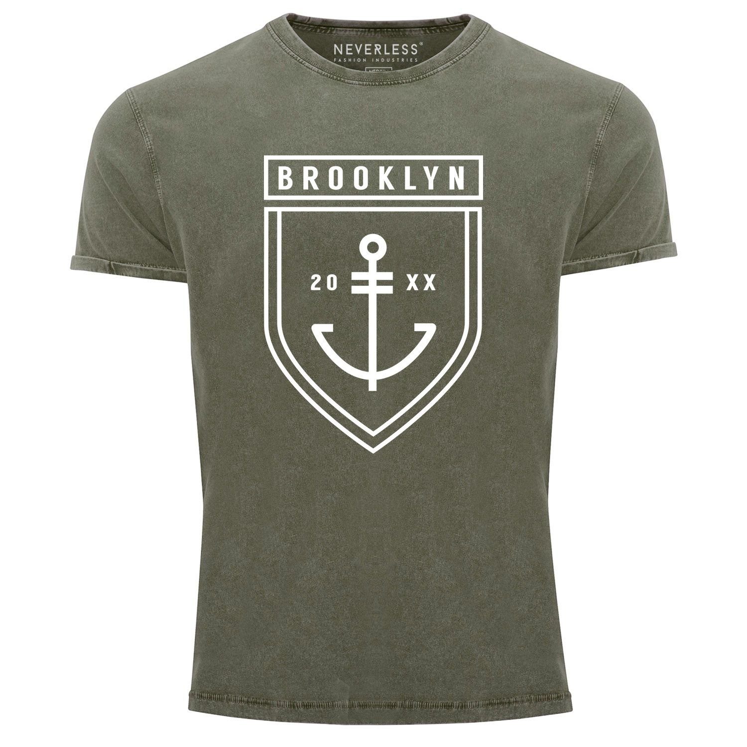 Neverless Cooles Angesagtes T-Shirt oliv Used Fit Vintage Brooklyn Shirt Anker mit Slim Neverless® Look Print-Shirt Aufdruck Print Herren