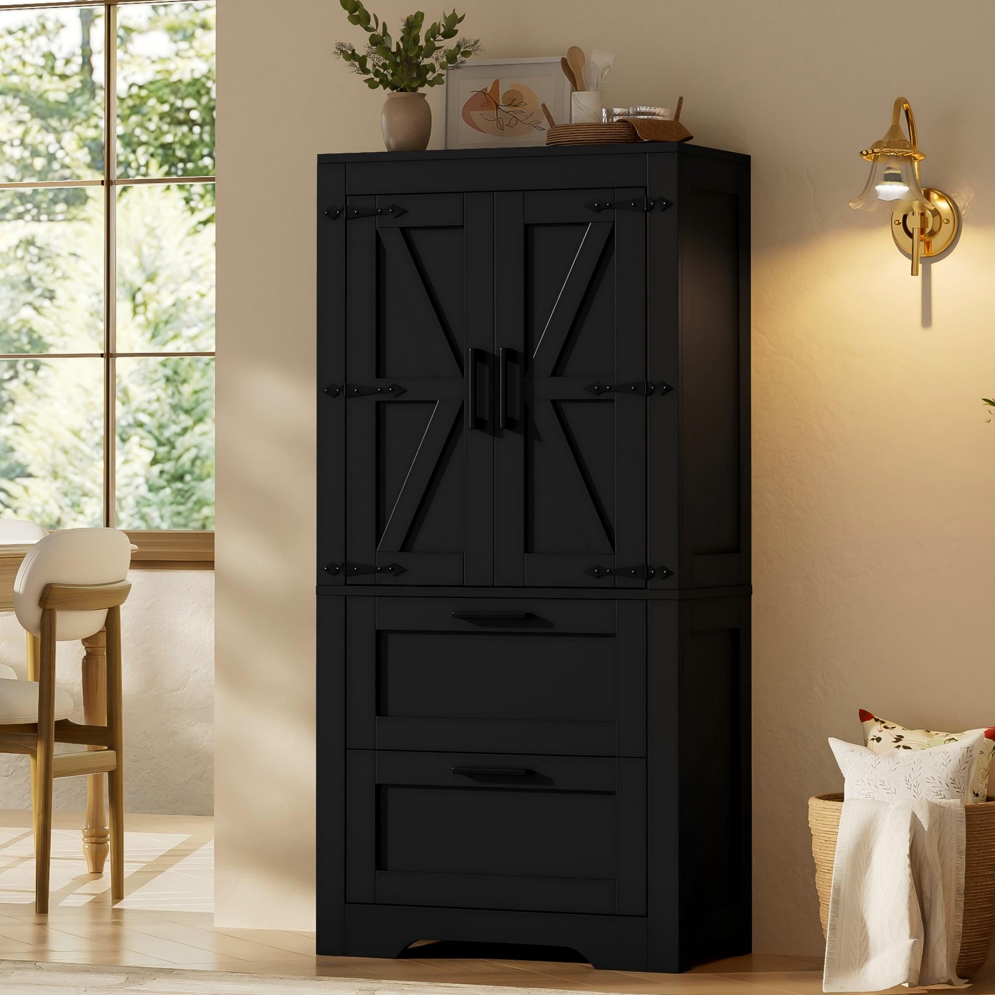 Flieks Hochschrank Küchenschrank Landhausstil, 2 Schubladen & verstellbaren Einlegeböden (60x30x128 cm, 1-St) multifunktionaler Mehrzweckschrank Scheunen-Design Schwarz