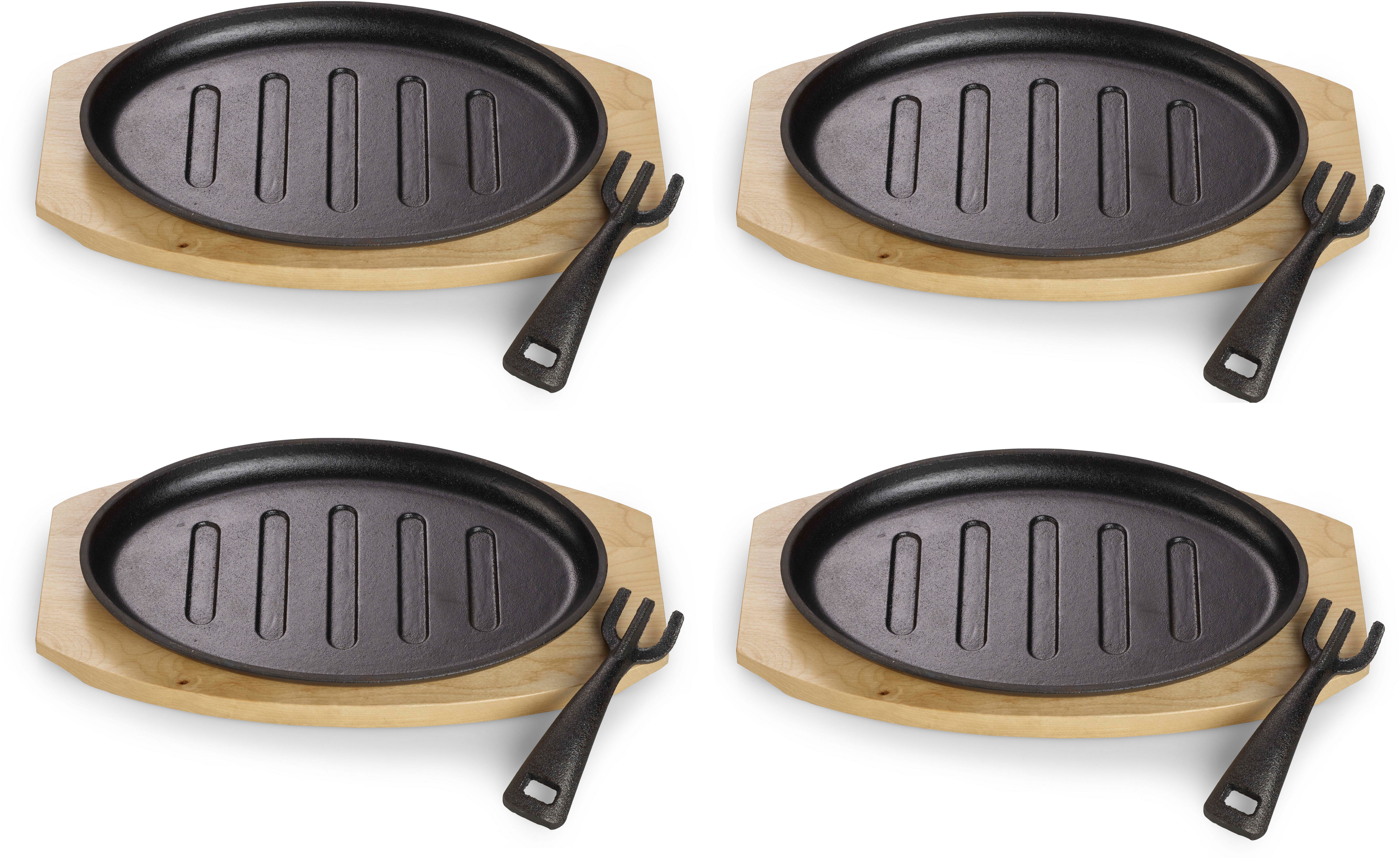 ECHTWERK Servierpfanne 4x Pfännchen "Oval" Grillstreifen, Gusseisen (Set, 4-tlg), inkl. dekorativem Servierbrett, bereits eingebrannt