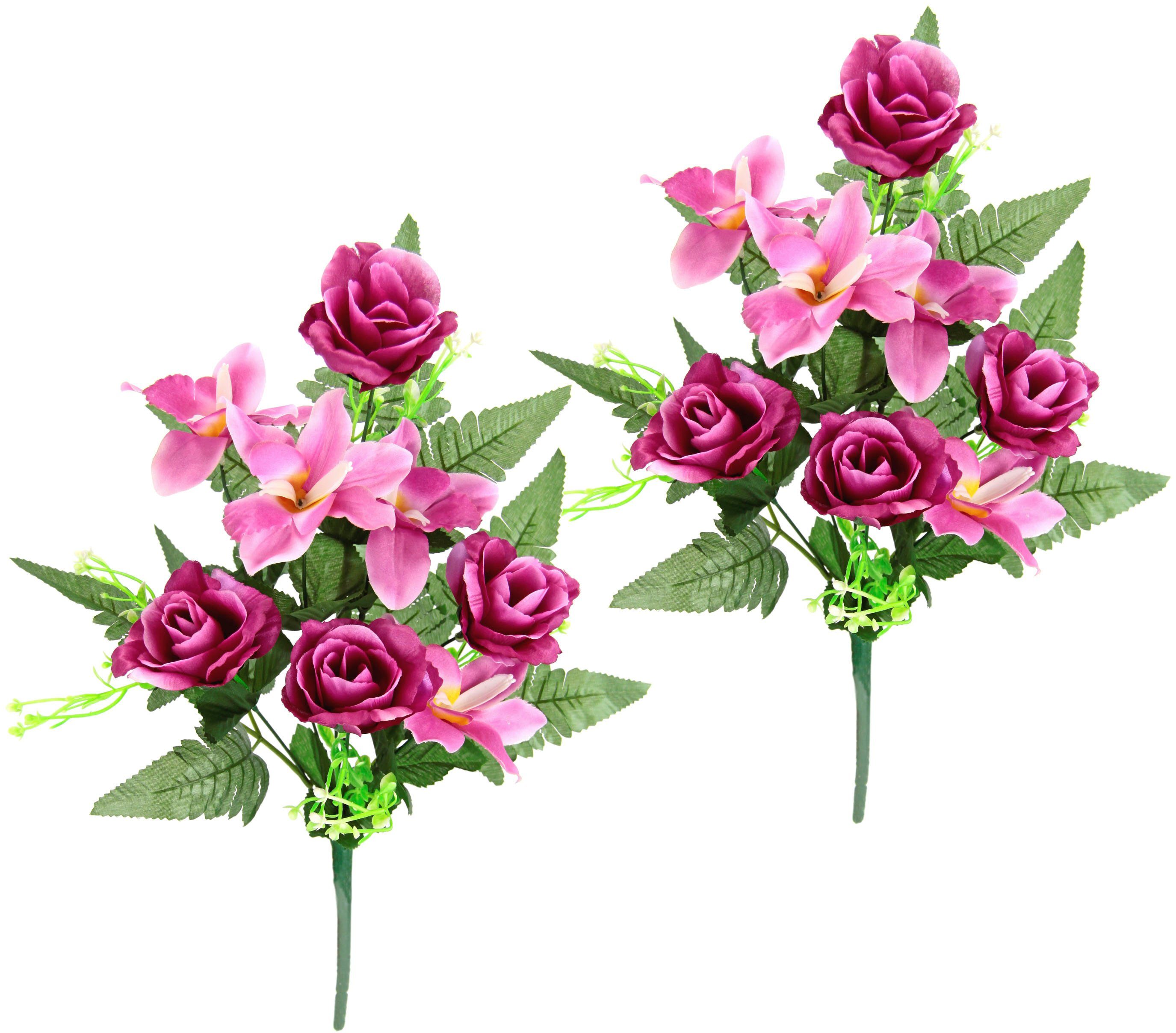 Kunstblume Bouquet aus Orchideen und Rosen, I.GE.A., Höhe 42 cm, 2er Set Kunstblumenstrauß zum Legen oder Stellen Künstliche Blumen