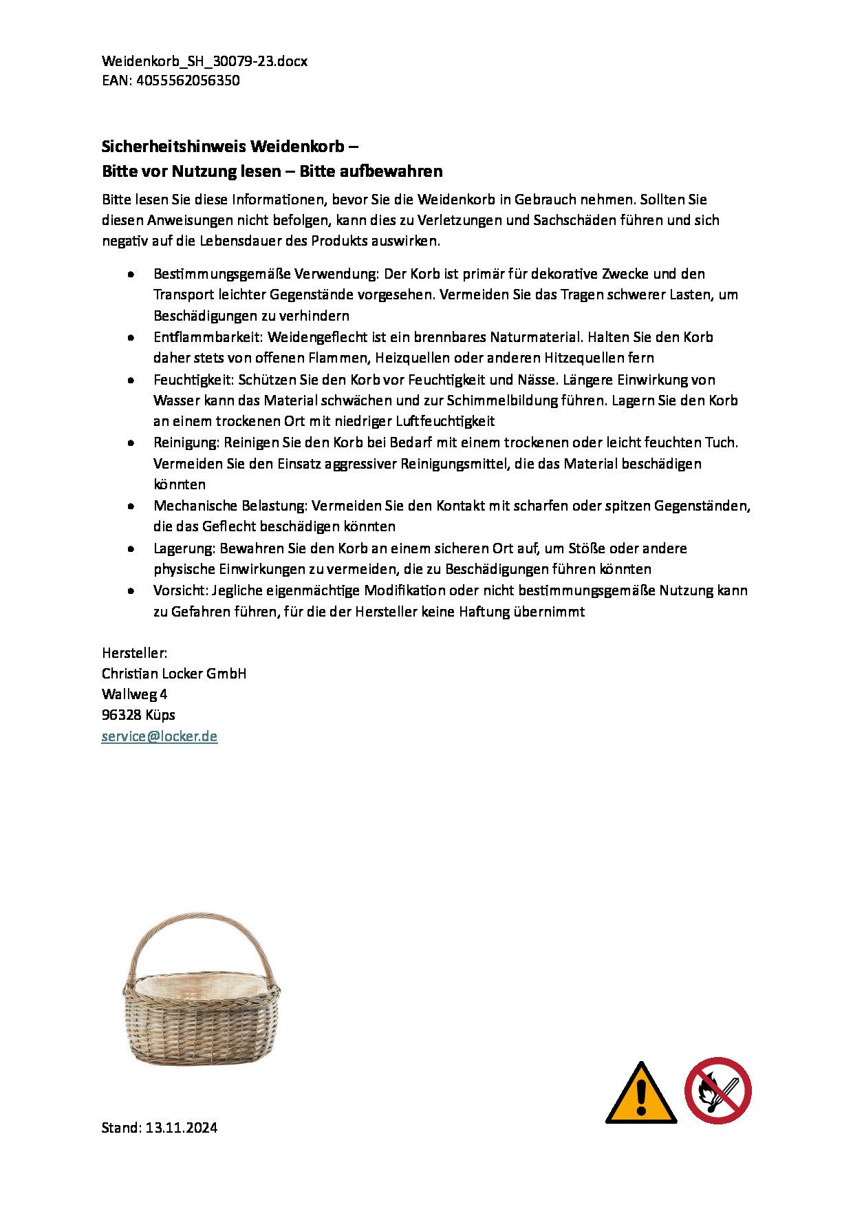 Kobolo Dekokorb Henkelkorb aus grauer Weide mit Textilfutter (1 Stück)