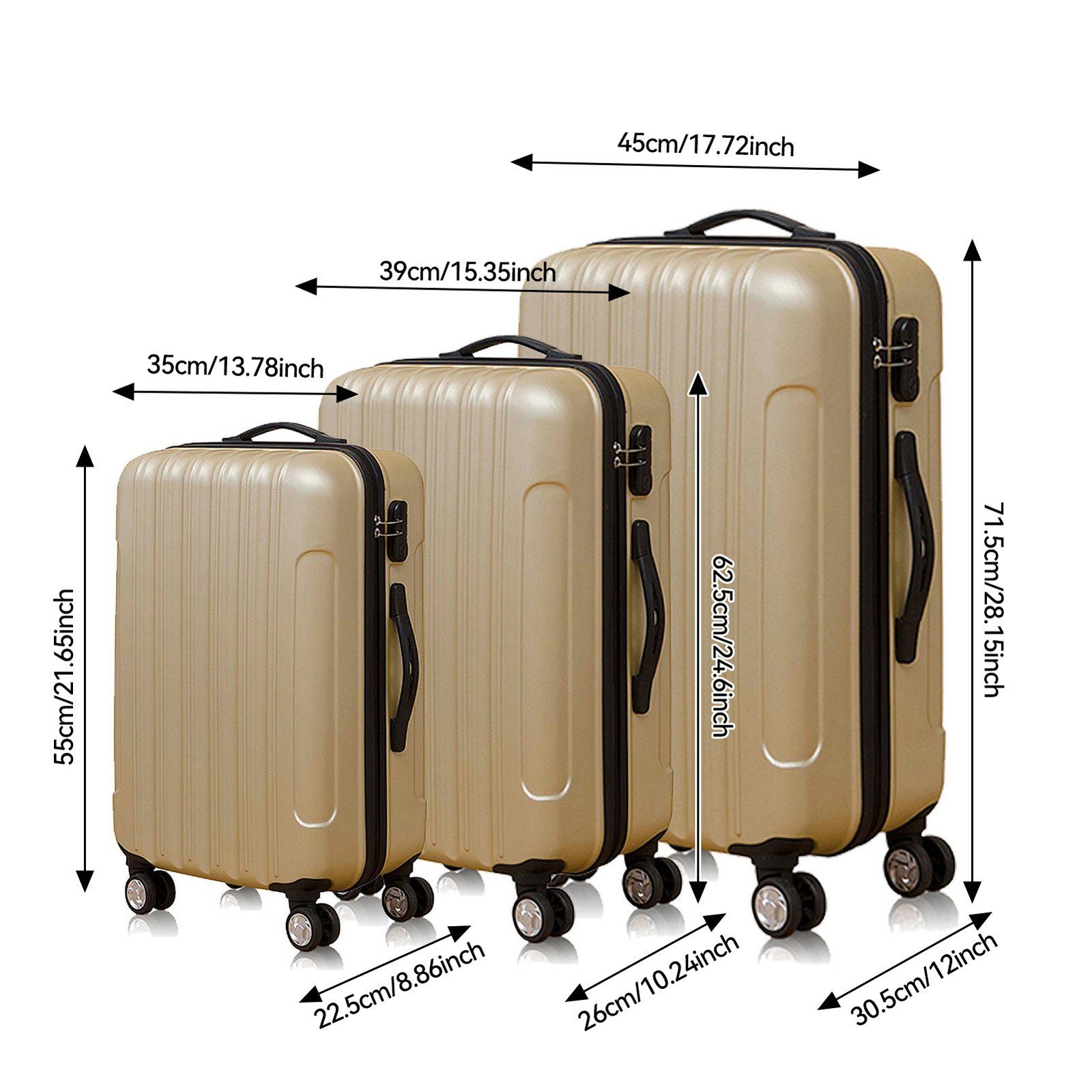 Zahlenschloss gold Hartschalen-Handgepäck ABS-Material, mit 3-teiliges , Reisekoffer Rollkoffer, FUROKOY Set, Kofferset