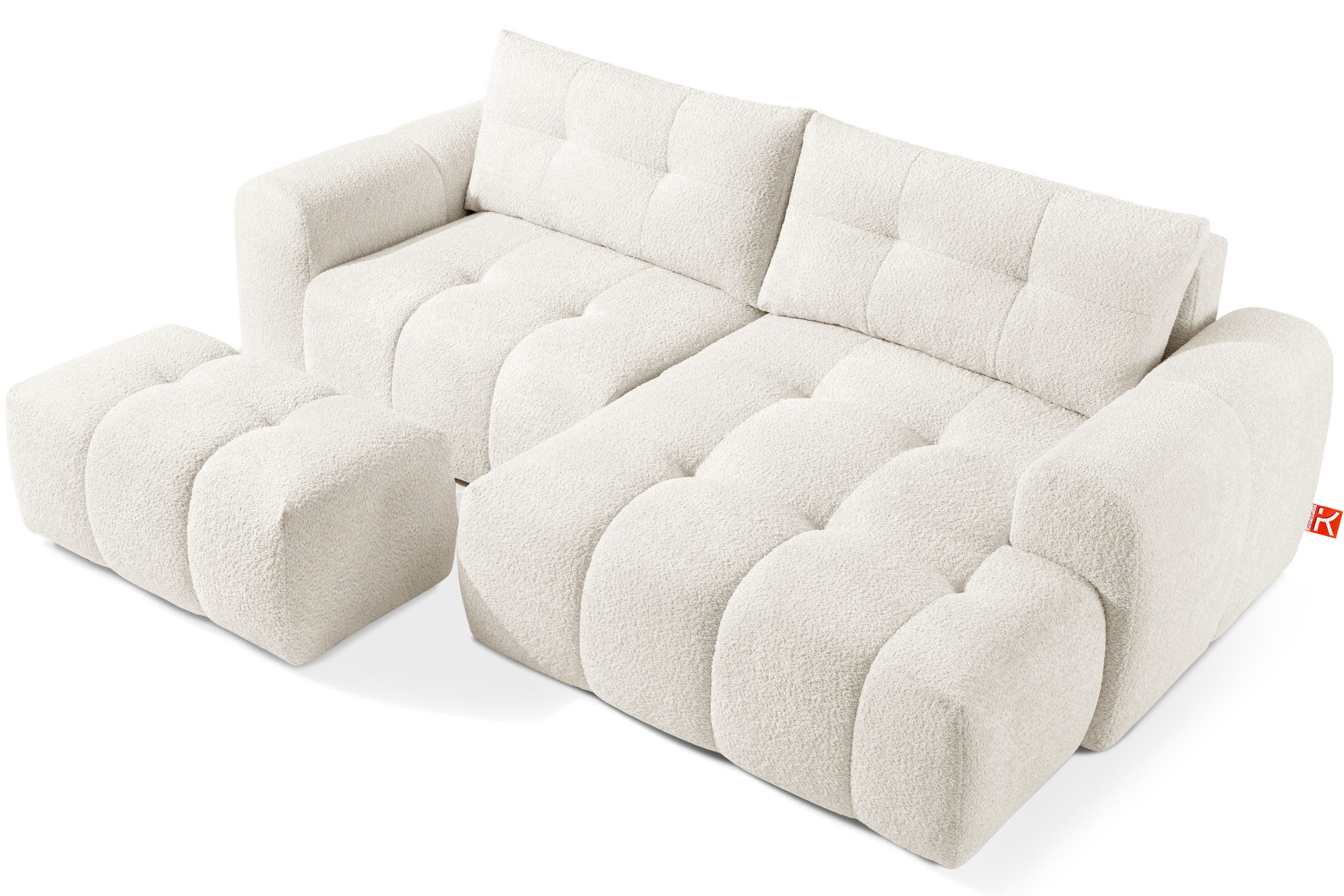 KONSIMO® Polstergarnitur RAVIA Ecksofa mit Polsterhocker, Modern-Stil, Premiumqualität aus EU, (2-tlg), kompakte Größe, Bouclé-Stoff, ausziehbare Liegefläche, Breite: 256 cm