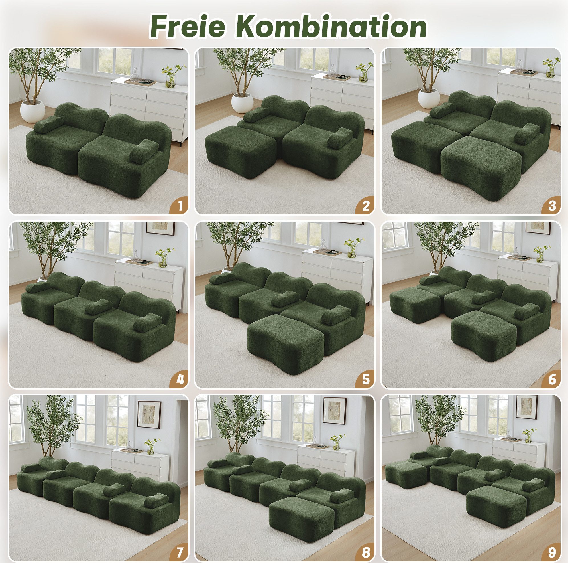 OKWISH Loungesofa rahmenloses Wohnzimmer-Sofa, mit hochwertigem Samtbezug, extra tiefer Sitzfläche und rutschhemmender Modulverbindung, geeignet für Wohnzimmer und Apartment ohne Montage 1 Teile