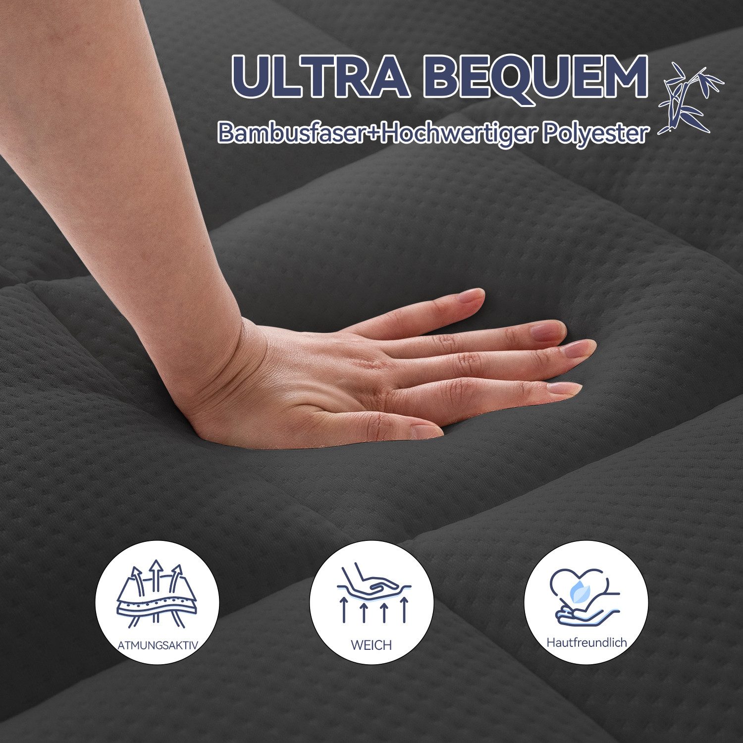 Elemuse, Topper Gel Schaum H3/H4 Topper mit Waschbar Bambusfaser Bezug, 7cm hoch, Memory Schaum Komfortschaum, Druckverteilung, Atmungsaktiv