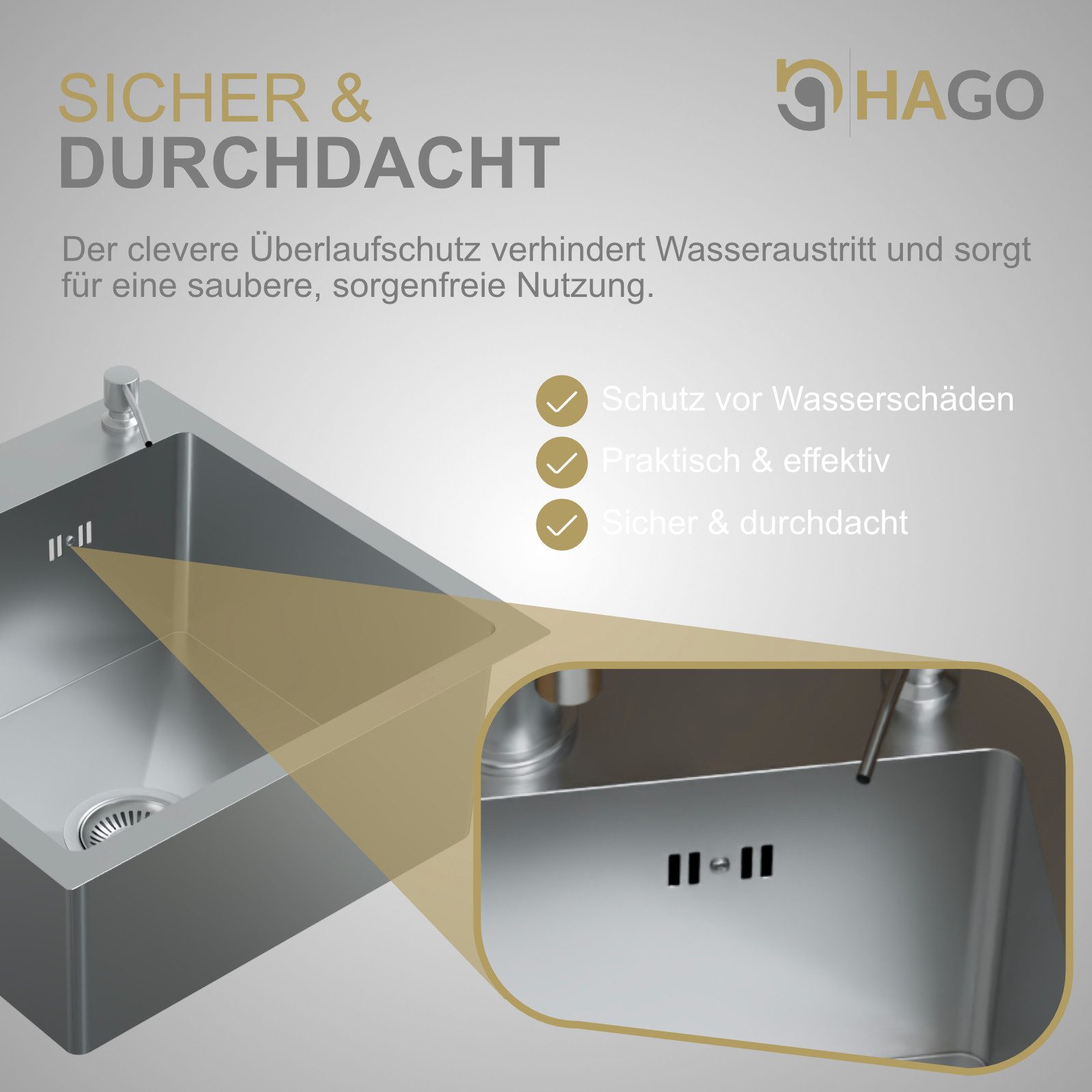 HAGO Edelstahlspüle Einbauspüle Edelstahl Küchenspüle Spülbecken Eckig Ablaufgarnitur Set, Rechteckig, 45/45 cm, (1 St), Schallschutzmatten – Bild 4 von 5