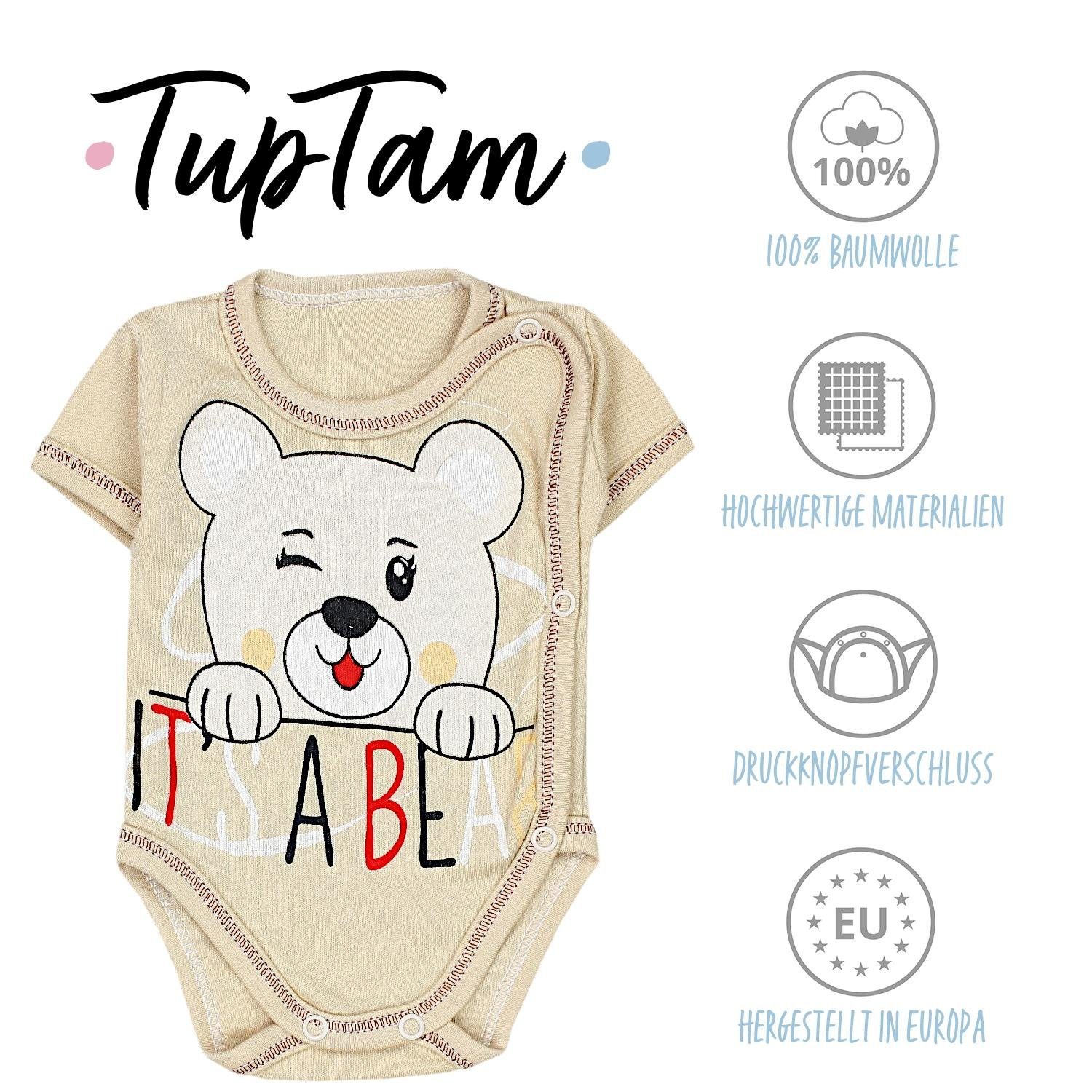 TupTam Kurzarmwickelbody Beige TupTam Spruch Weiß Pack mit Wickelbody Bear Katze Rosa Unisex Ecru Einhorn Baby 5er Kurzarm