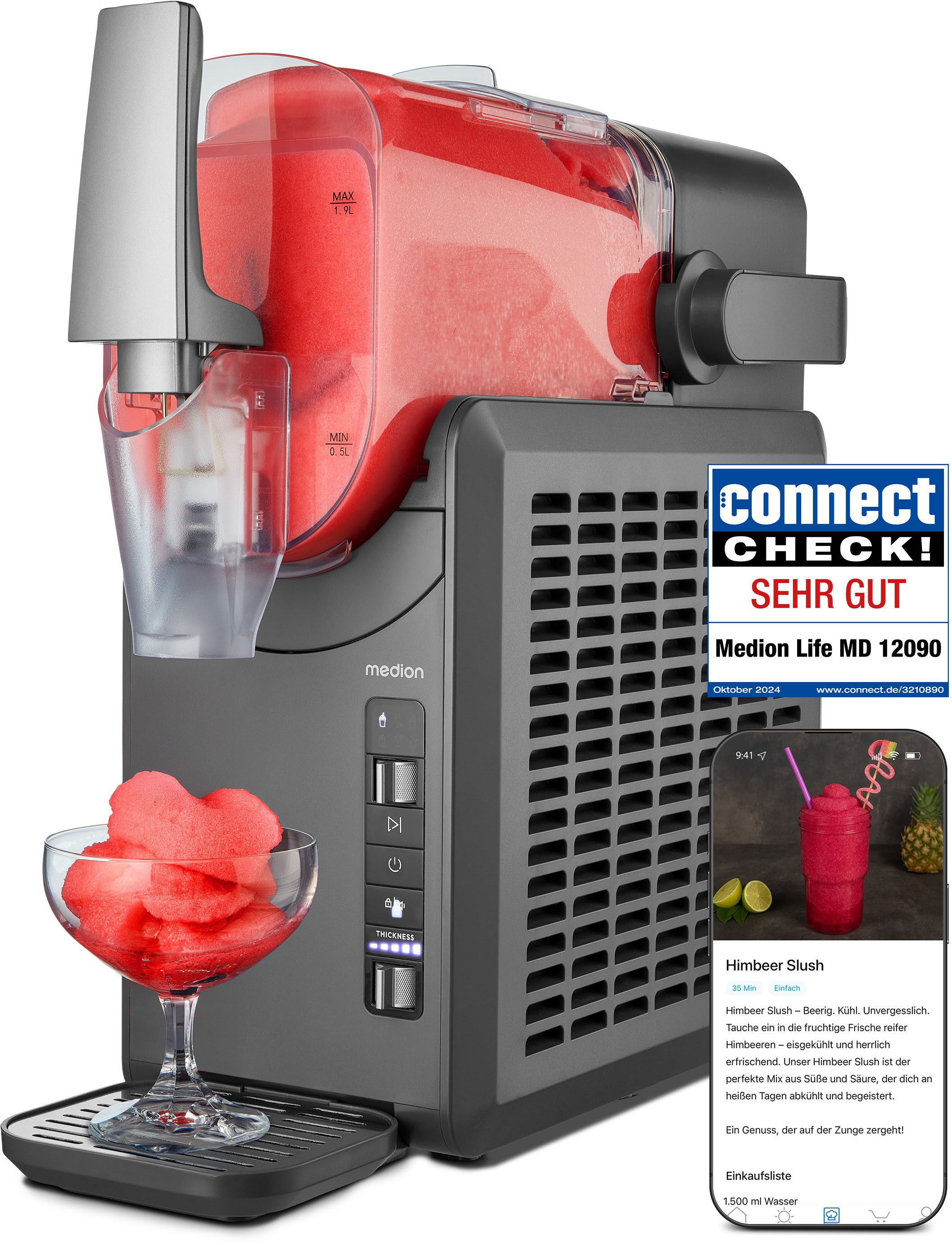 Medion® Slush-Eismaschine MD12090, Kompressorkühlung, 2,6 l, 200 W, 5 Programme, 30–60 Minuten Zubereitungszeit, Selbstreinigungsfunktion