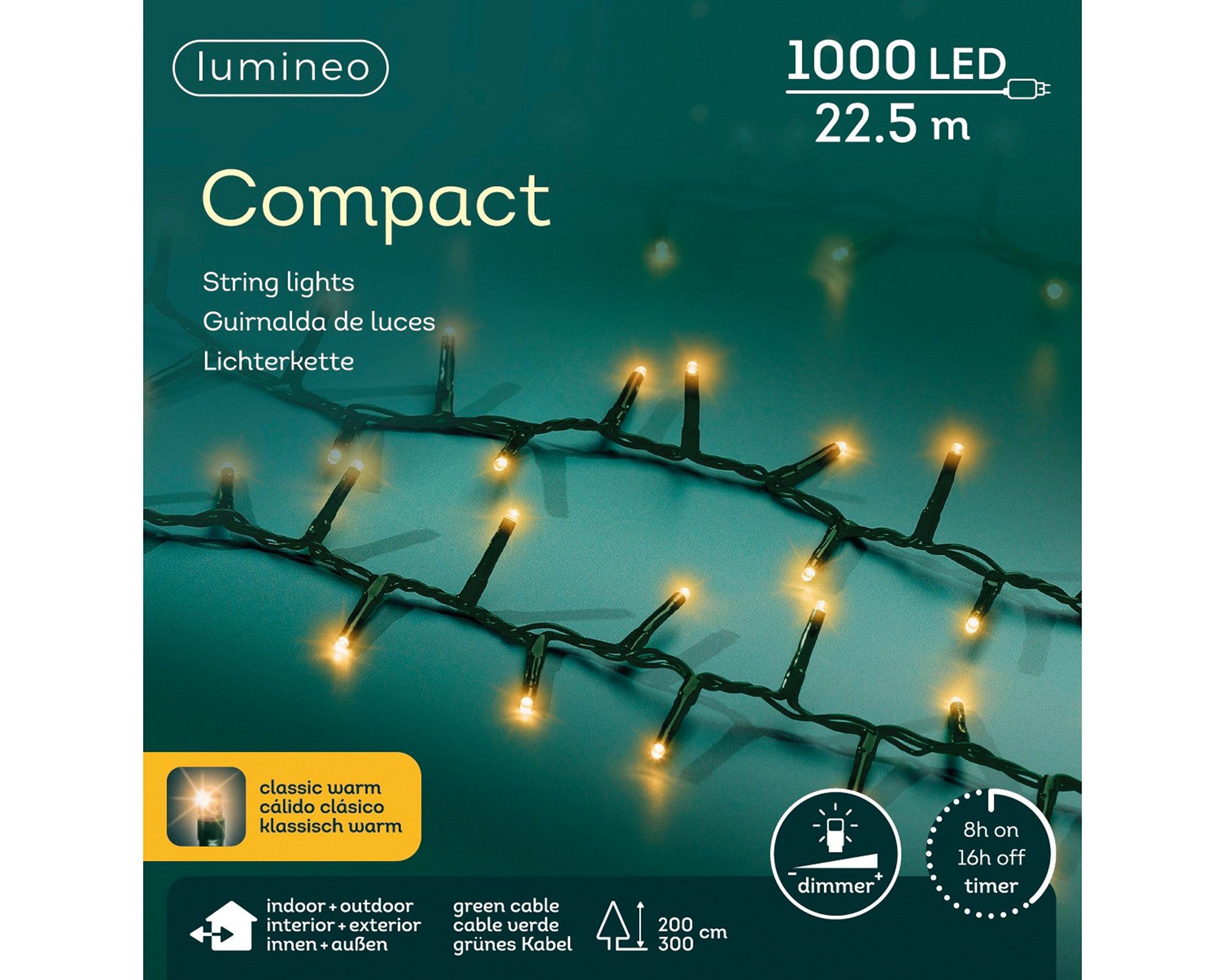 Lumineo LED-Lichterkette Lumineo Lichterkette COMPACT 1000 LED 22,5 m klassisch warm, grün, Dimmbar, Timer, Indoor/Outdoor, + 5 m Zuleitung