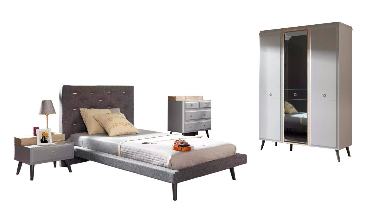 Jugendzimmer-Set Graues Holz-Komplettbett für Kinderzimmer mit modernem Design
