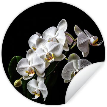 MuchoWow Wandsticker Orchidee - Blumen - Weiß - Natur - Schwarz (1 St), Tapetenkreis für Kinderzimmer, Tapetenaufkleber, Rund, Wohnzimmer