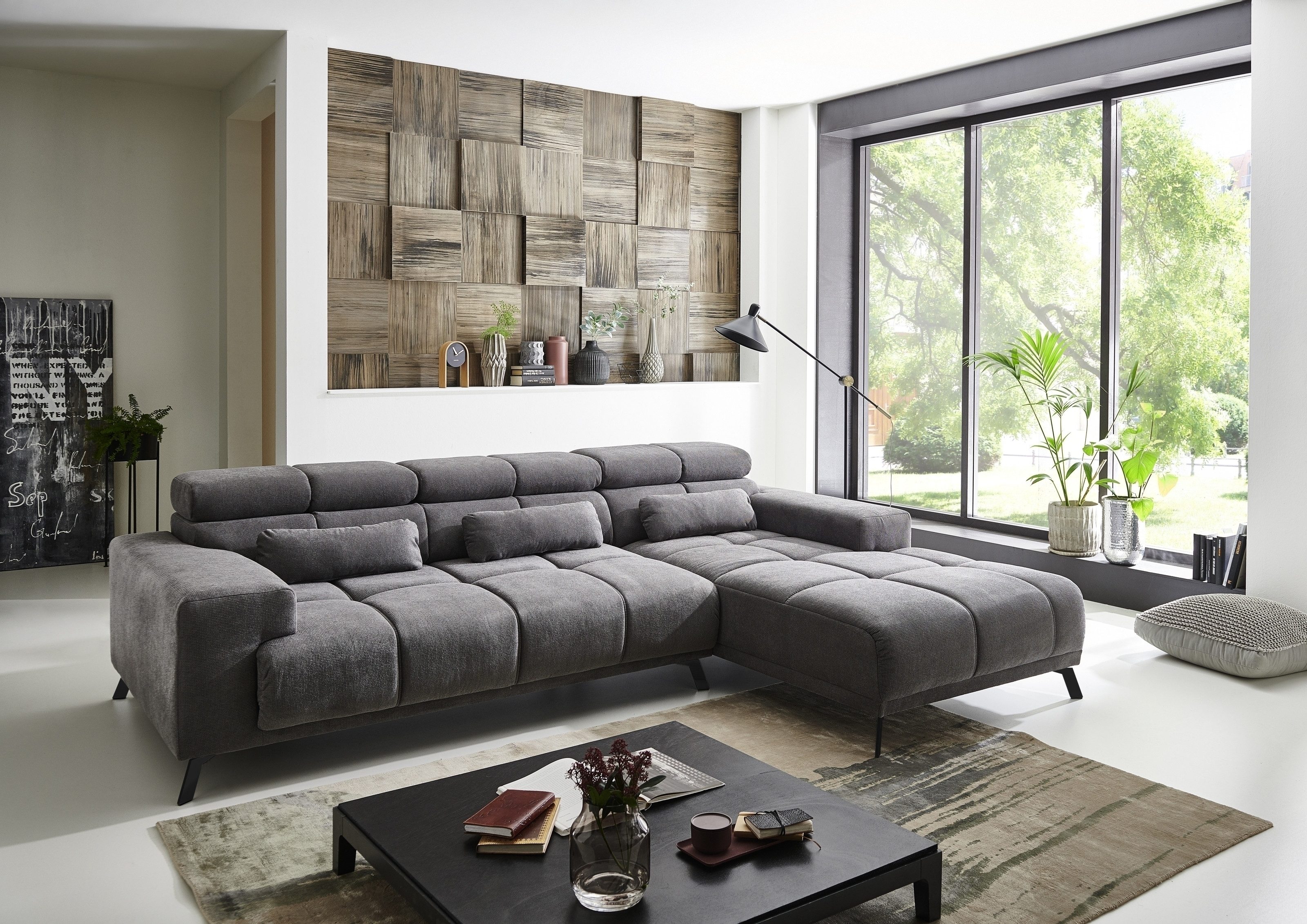 Iwaniccy Wohnlandschaft 3 Kissen, 3 Kopfteilverstellungen, grau - 285x99x201 (BxHxT)