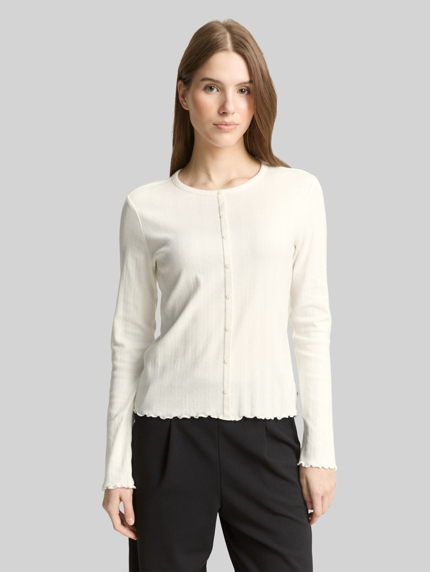 TOM TAILOR Denim Langarmshirt T-Shirt Pointelle Langarmshirt mit Deko-Knopfleiste