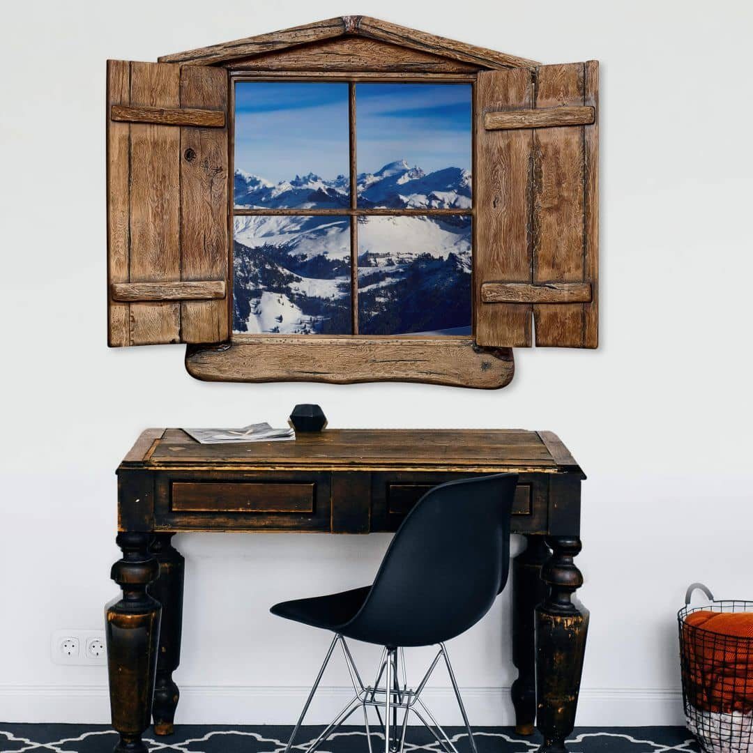 Wandtattoo K&L Alpen Hütte, Berg Ski Aufkleber 3D Panorama Wall Holzfenster selbstklebend Ausblick Wandtattoo Landschaft Art Wandbild