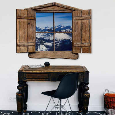K&L Wall Art Wandtattoo 3D Wandtattoo Aufkleber Berg Landschaft Ausblick Alpen Panorama Ski Hütte, Holzfenster Wandbild selbstklebend