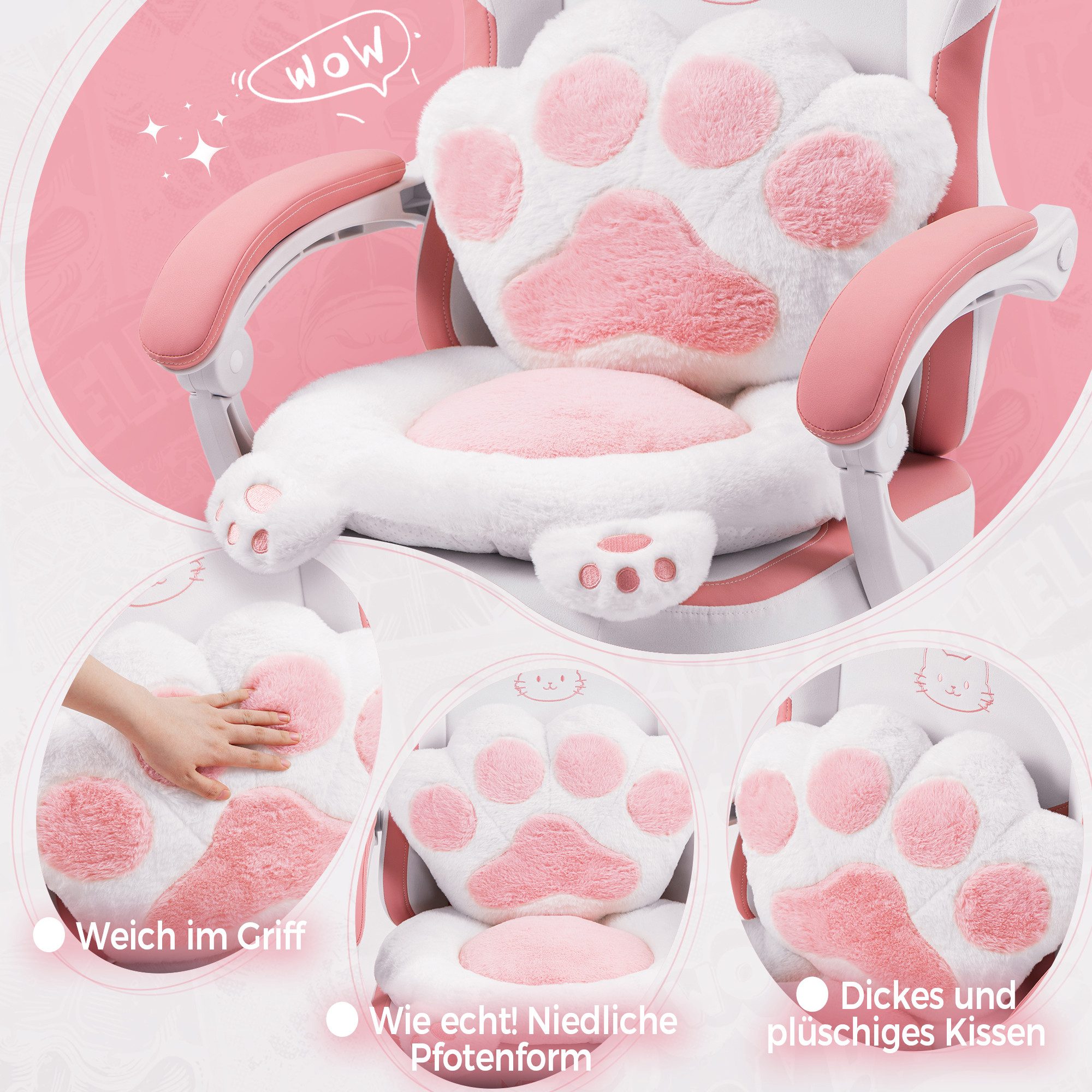 Dowinx Gaming-Stuhl Niedlich mit Katzenohren, Pfoten-Lendenkissen und Sitzkissen, (Packung), Ergonomischer Computerstuhl mit Fußstütze, PC-Spiele-Stuhl für Mädchen