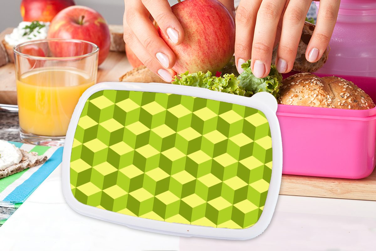 MuchoWow Lunchbox Muster - Kunststoff Snackbox, Kunststoff, Grün Erwachsene, Kinder, Brotdose rosa Blöcke, Brotbox (2-tlg), Mädchen, - für