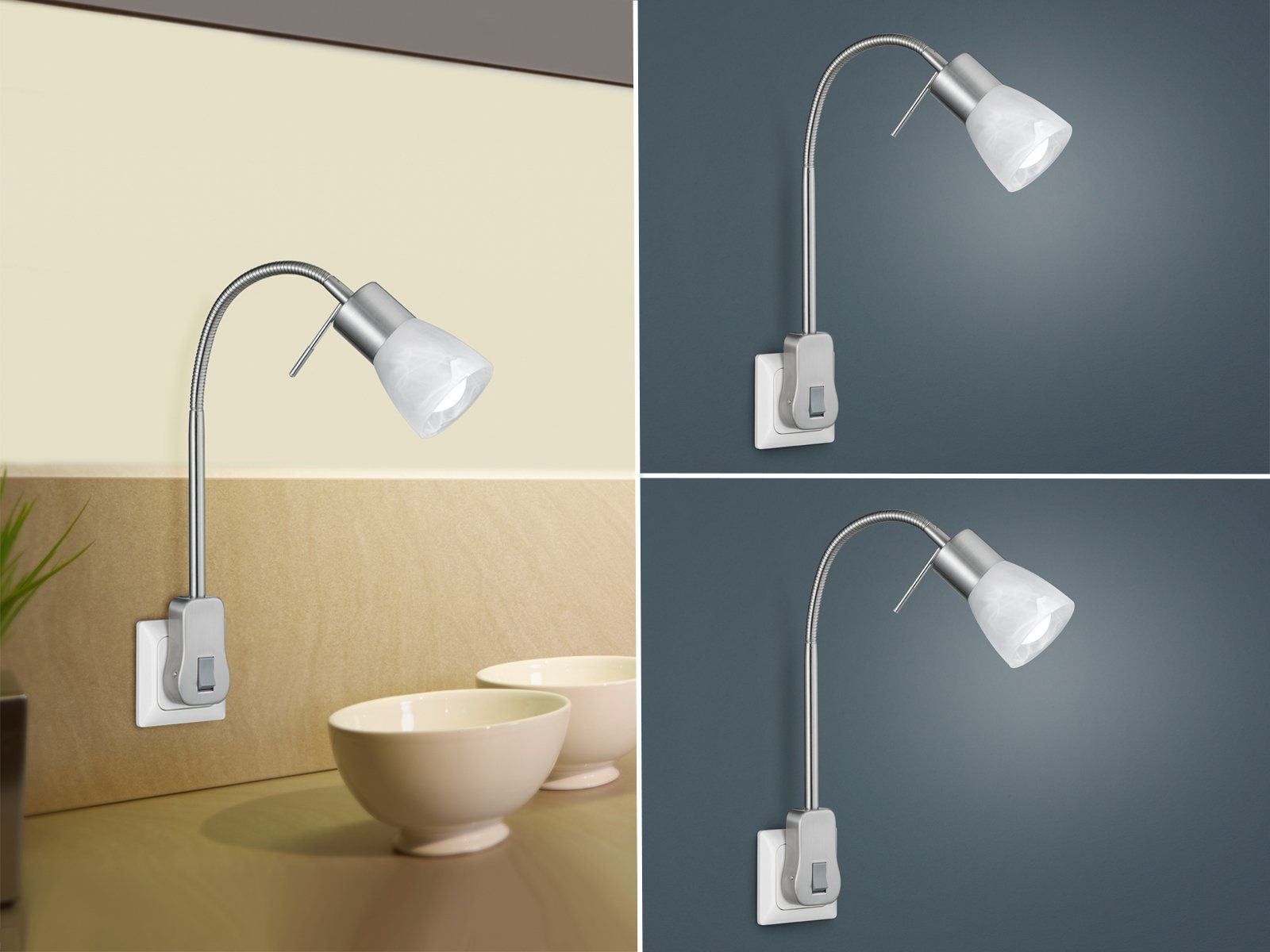 TRIO Leuchten LED Steckdosenleuchte, Dimmfunktion, LED wechselbar, Warmweiß, 2er SET Wand-lampe mit Schalter Leselampe Nachttischlampe Bett H: 40cm