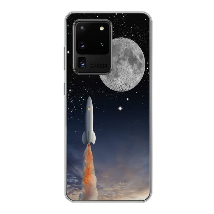 MuchoWow Handyhülle Eine Illustration der Raumfähre und des Vollmondes Phone Case Handyhülle Samsung Galaxy S20 Ultra Silikon Schutzhülle