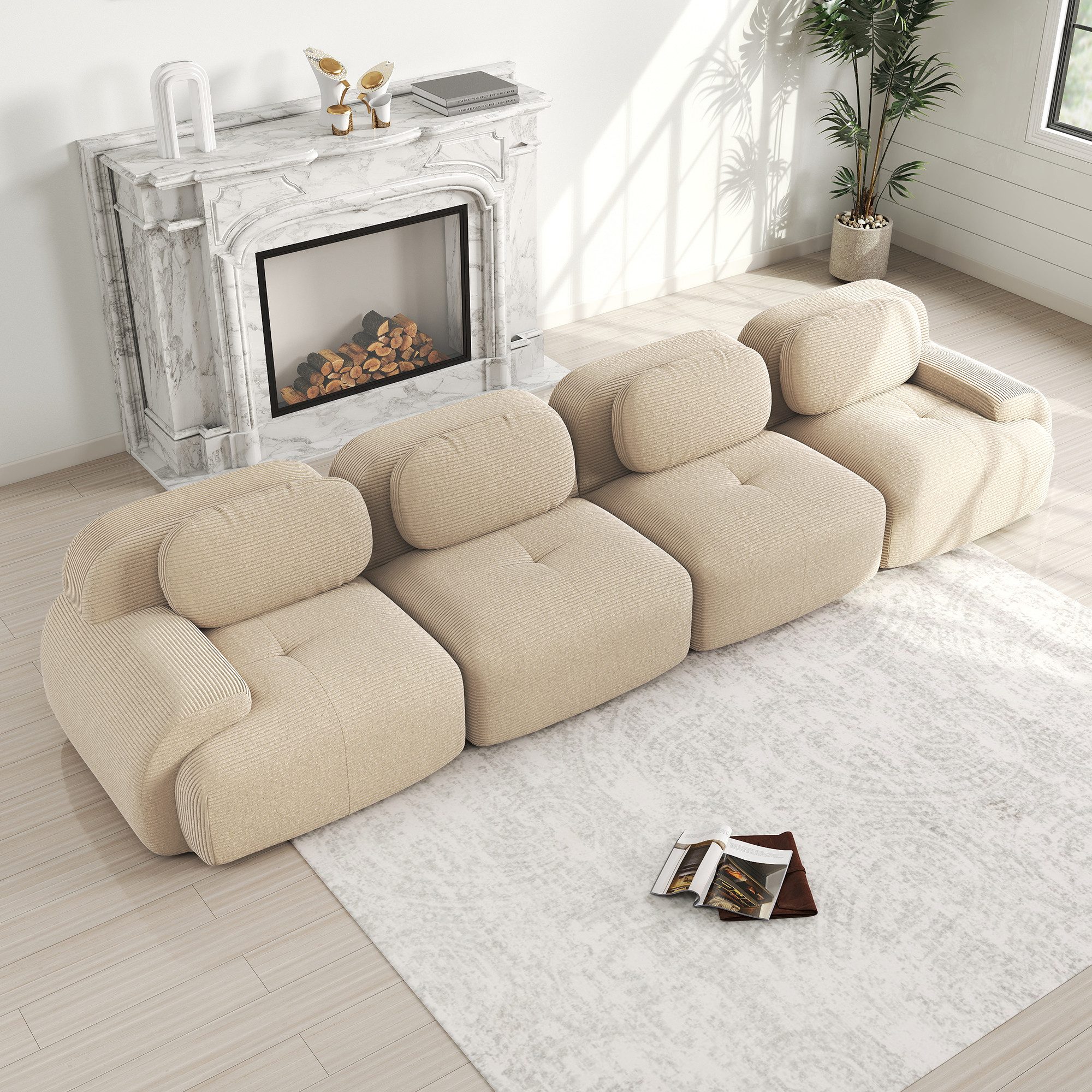 HAUSS SPOLE Loungesofa aus Cordstoff,Rahmenlos Loveseat-Sofa 4-Sitzer mit Armlehnen,Beige