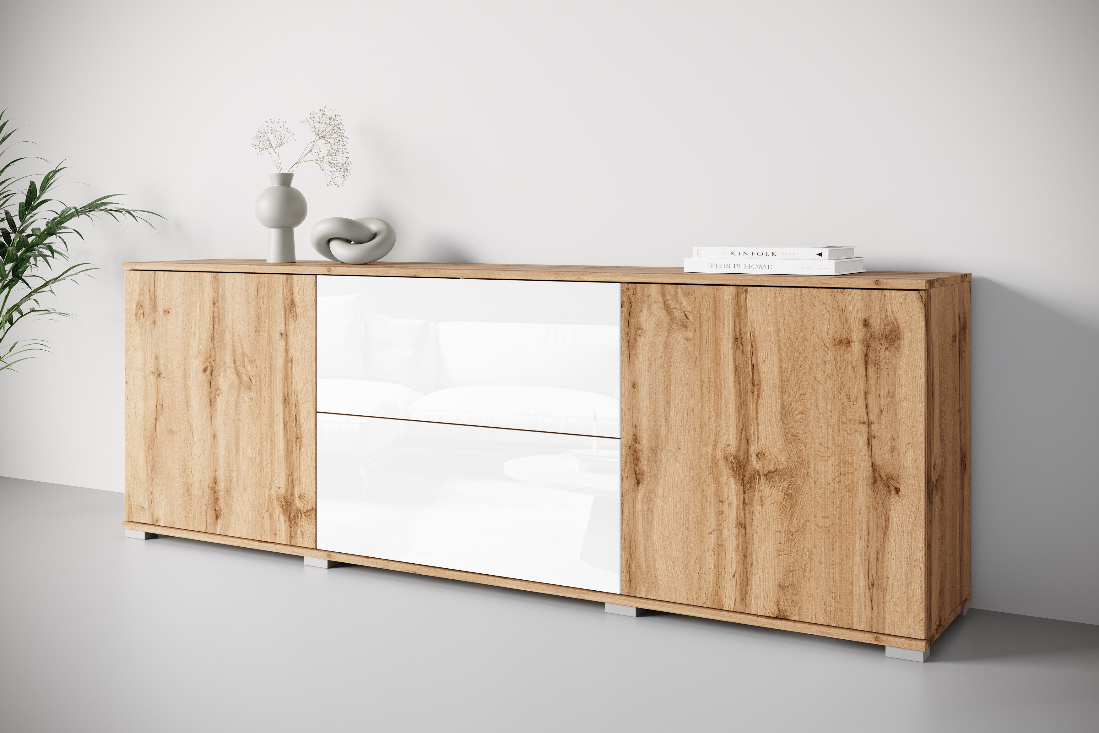 OTTO home Lowboard Kenia (1 St), 2 Türen, 2 Schubladen, Breite 180 cm, höhenverstellbare Einlegeböden