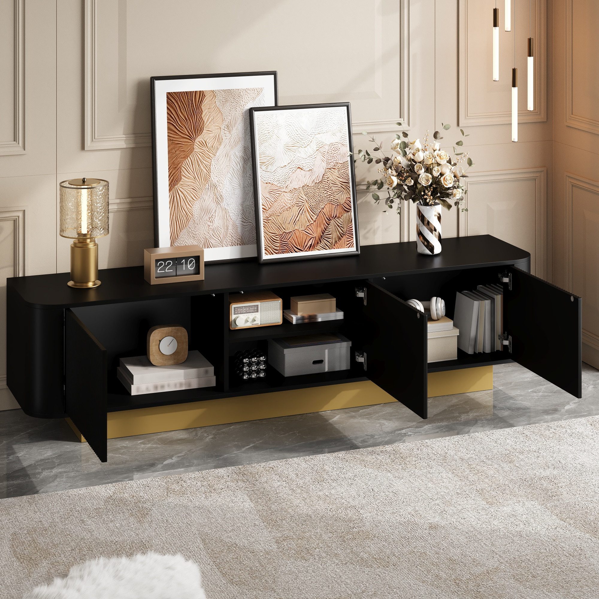 OKWISH Lowboard 170x40,5x47 cm mit 3 Türen und Kabelmanagement (Packung, 1 St., geräumige Fächer mit verstellbarem Regal in der Mitte), Abgerundetes Design,Texturfront, – Medienkonsole Wohnzimmer