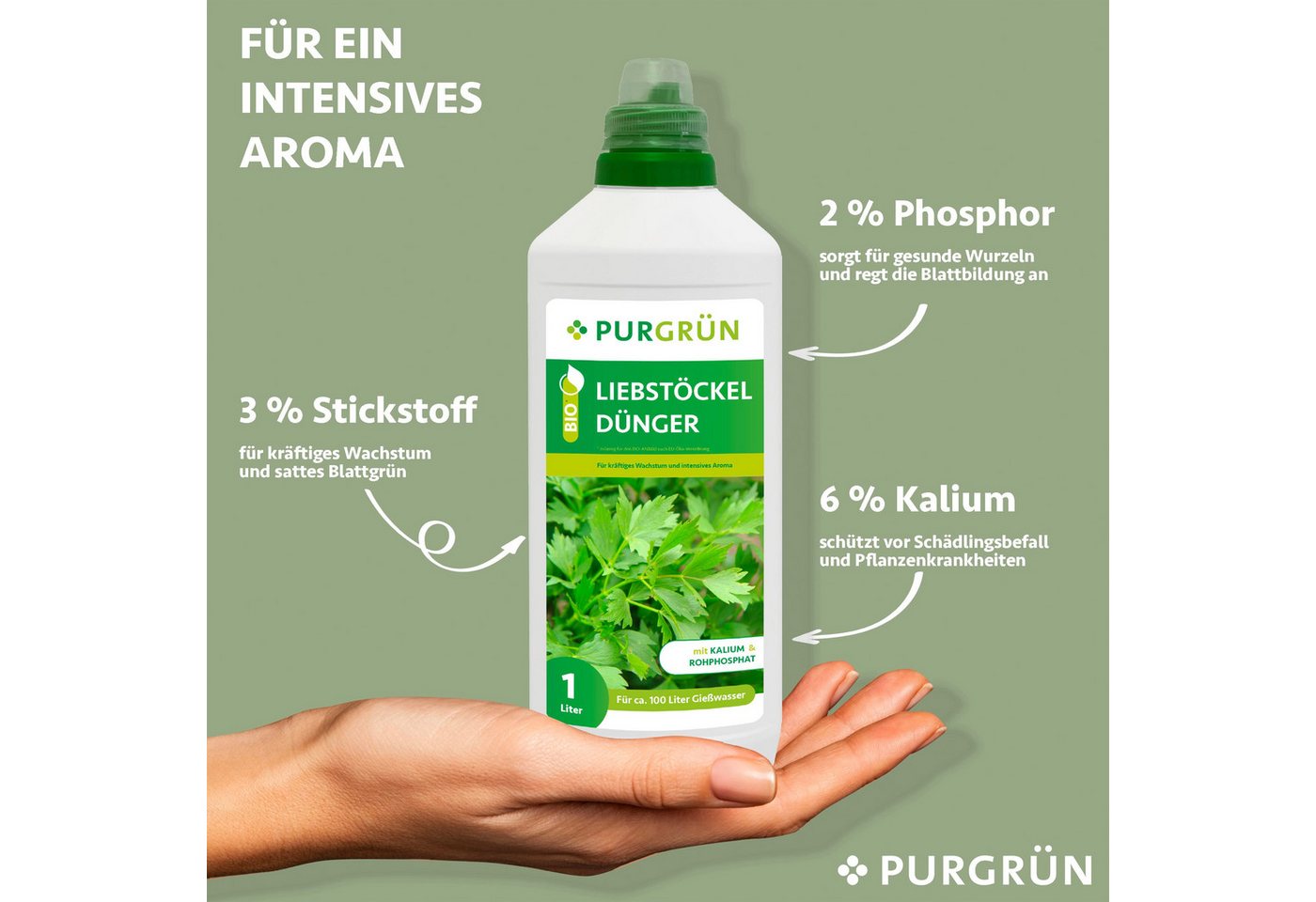 Thumbnail - Purgrün Kräuterdünger Purgrün Bio Liebstöckel Dünger, NPK 3+2+6, Kalium, 1 Liter, Flüssigdünger, extra Kalium für eine h...
