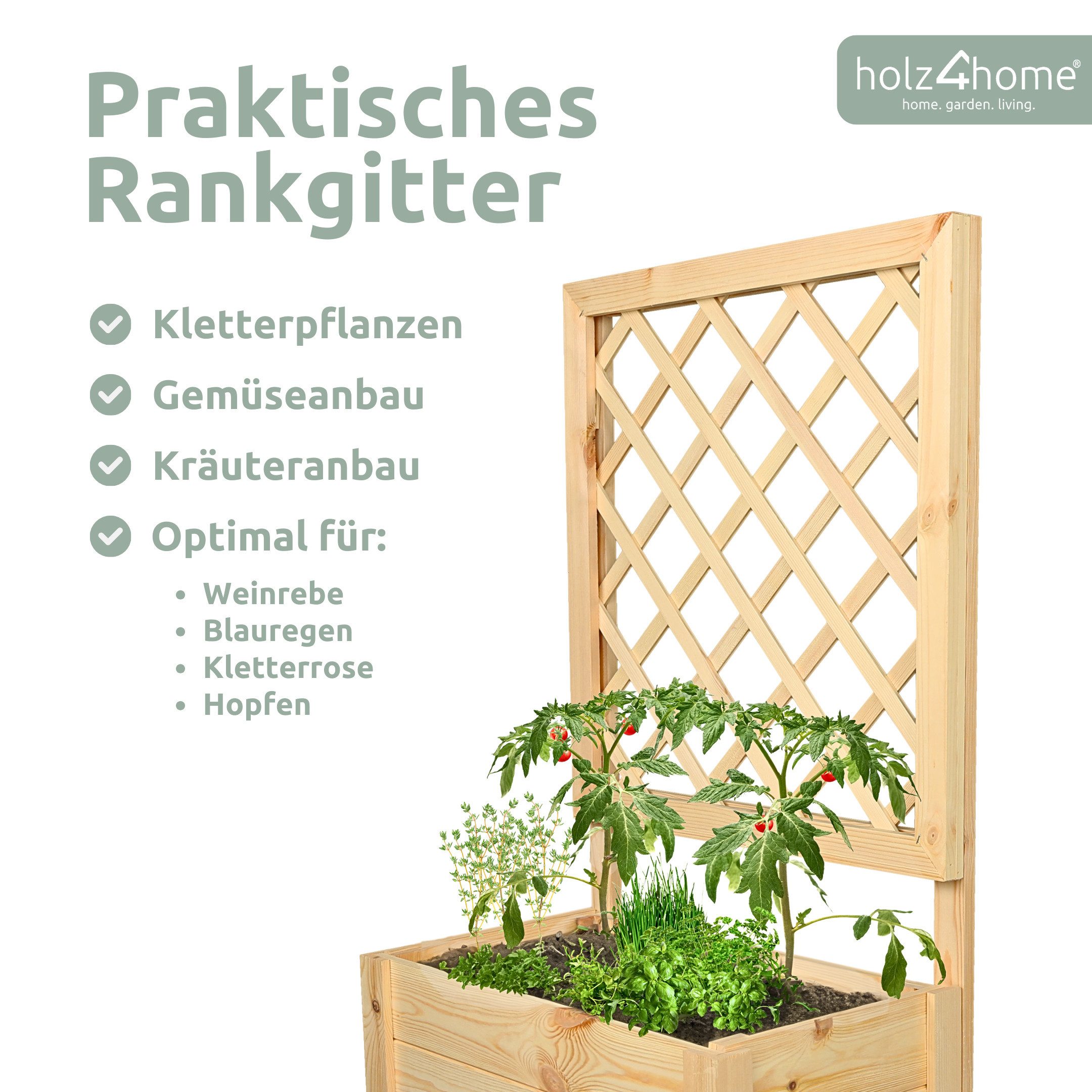 holz4home® Blumenkasten Pflanzkasten mit Rankgitter aus Kiefernholz I inkl. Gartenhandschuhe, Pflanzkübel mit Einlegevlies