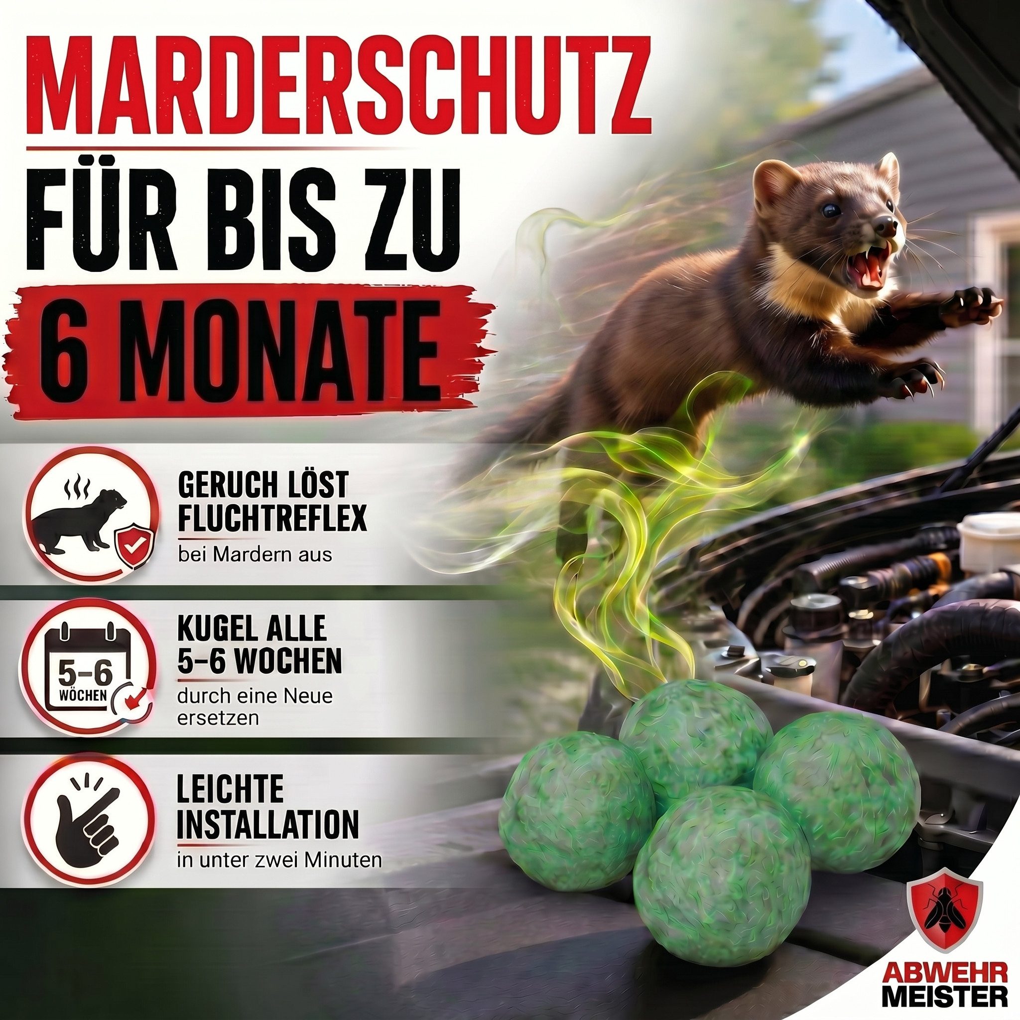 ABWEHR MEISTER Vergrämungsmittel ORIGINAL Marderschreck-Kugeln, Set, 4-St., Marderschutz für bis zu 6 Monate – Bild 4 von 5