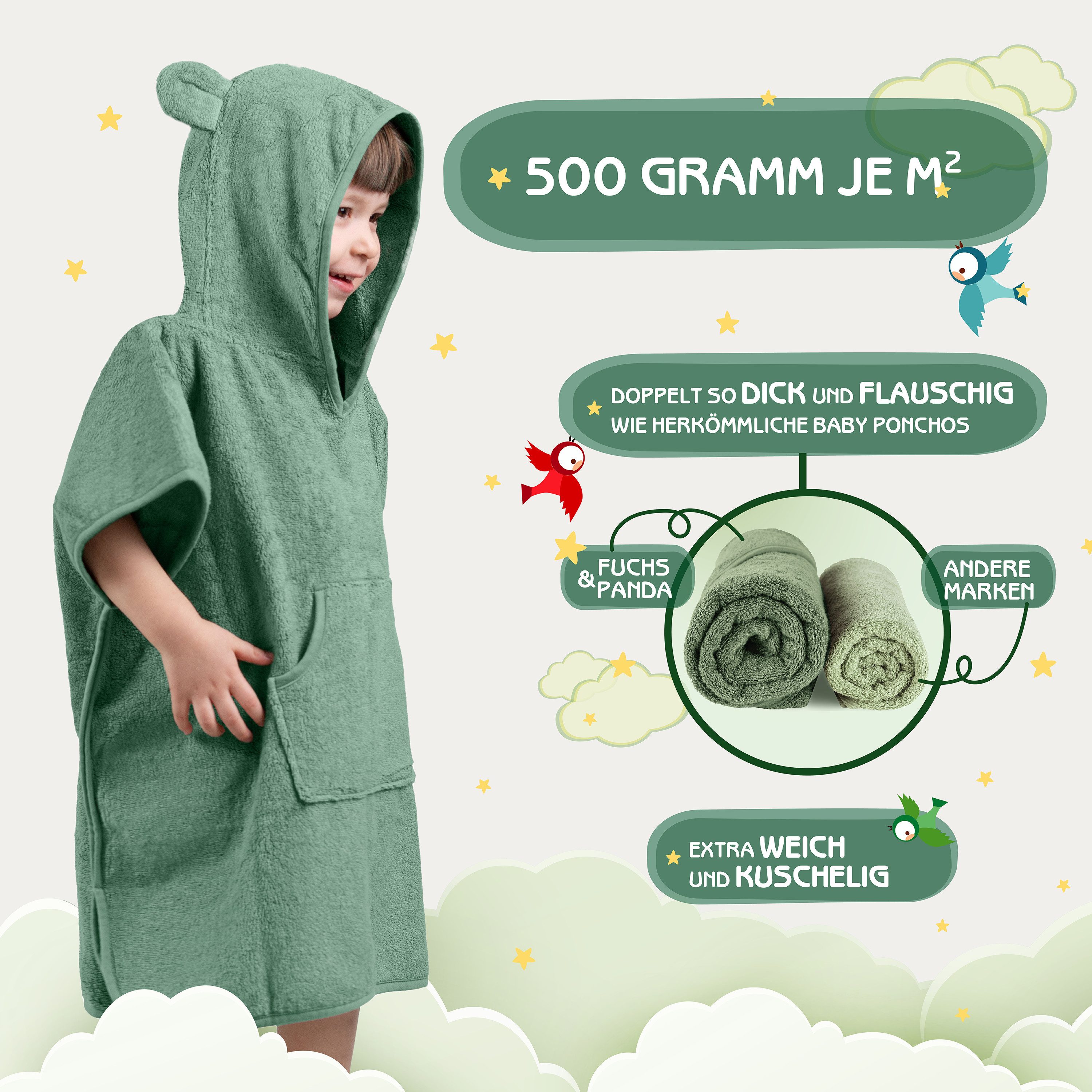Fuchs & Panda Badeponcho Kuscheliger Badeponcho Baby und Kinder (0-4Jahre) aus 100% Bambus, 100% Bambus: Antimikrobiell, Atmungsaktiv, Hypoallergen, Superweich