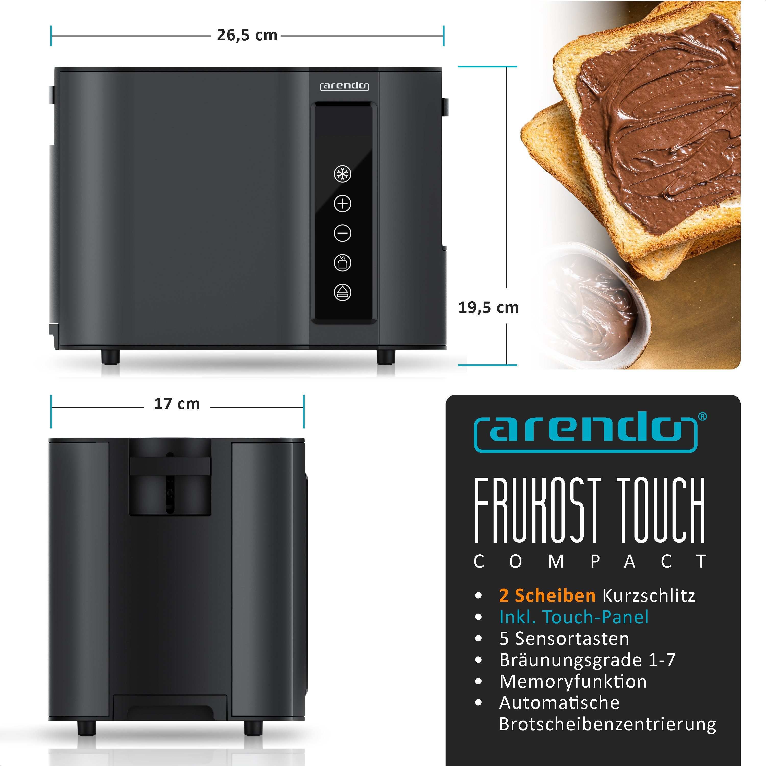 Arendo Toaster Wärmeisoliertes Doppelwandgehäuse, 2-Scheiben, Display Restzeitanzeige, 2 kurze Schlitze, für 2 Scheiben, 800 W, Edelstahl, Kurzschlitz, Brötchen – Bild 2 von 5