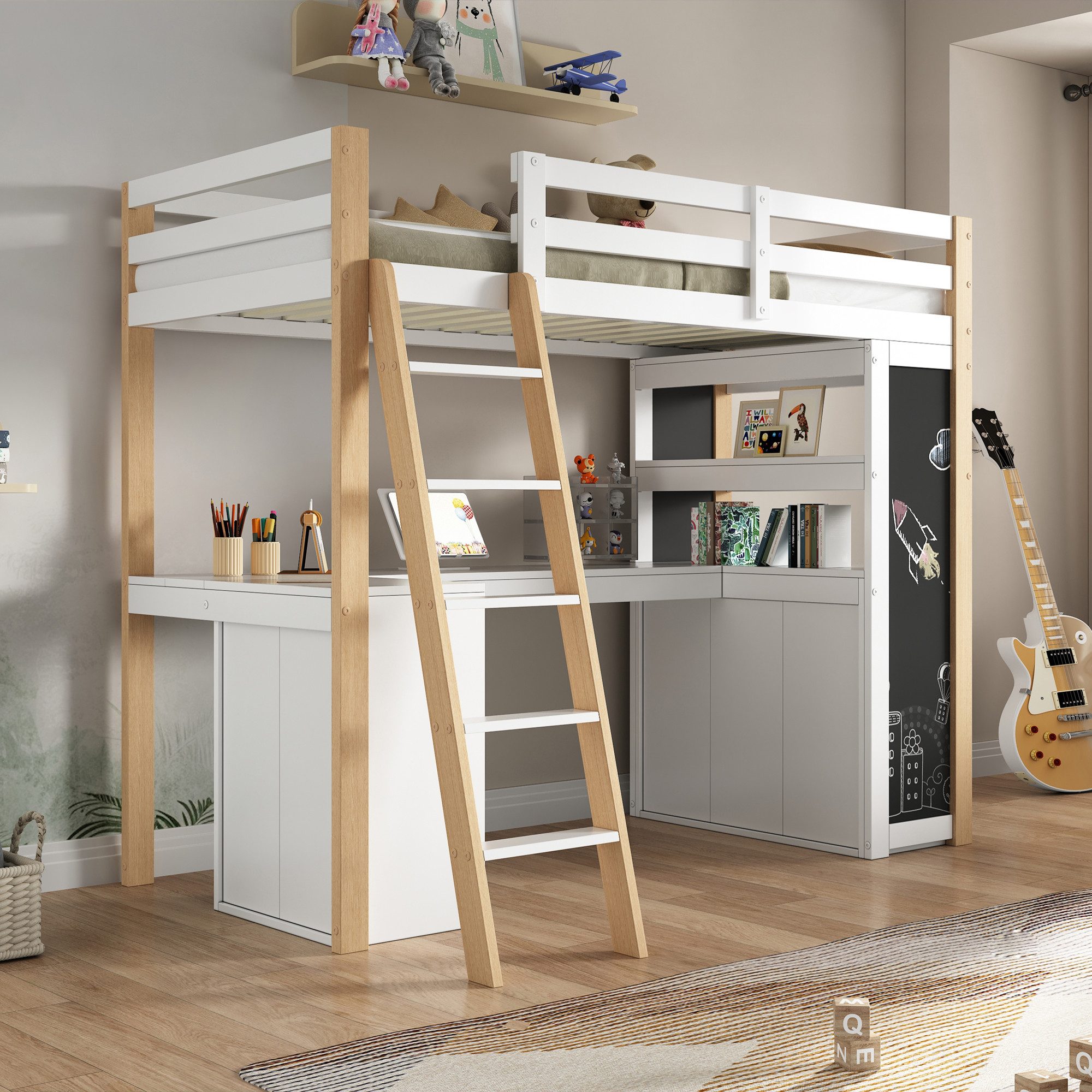 STILVORA Hochbett mit Tafel,90×200 Kinderbett Jugendbett mit Schreibtisch&6 Schubladen (Etagenbett, 1-St., 90*200cm, ohne Matratze) Mit Leiter, Schreibtisch, Ablagefach, Schublade, Tafel, Regal