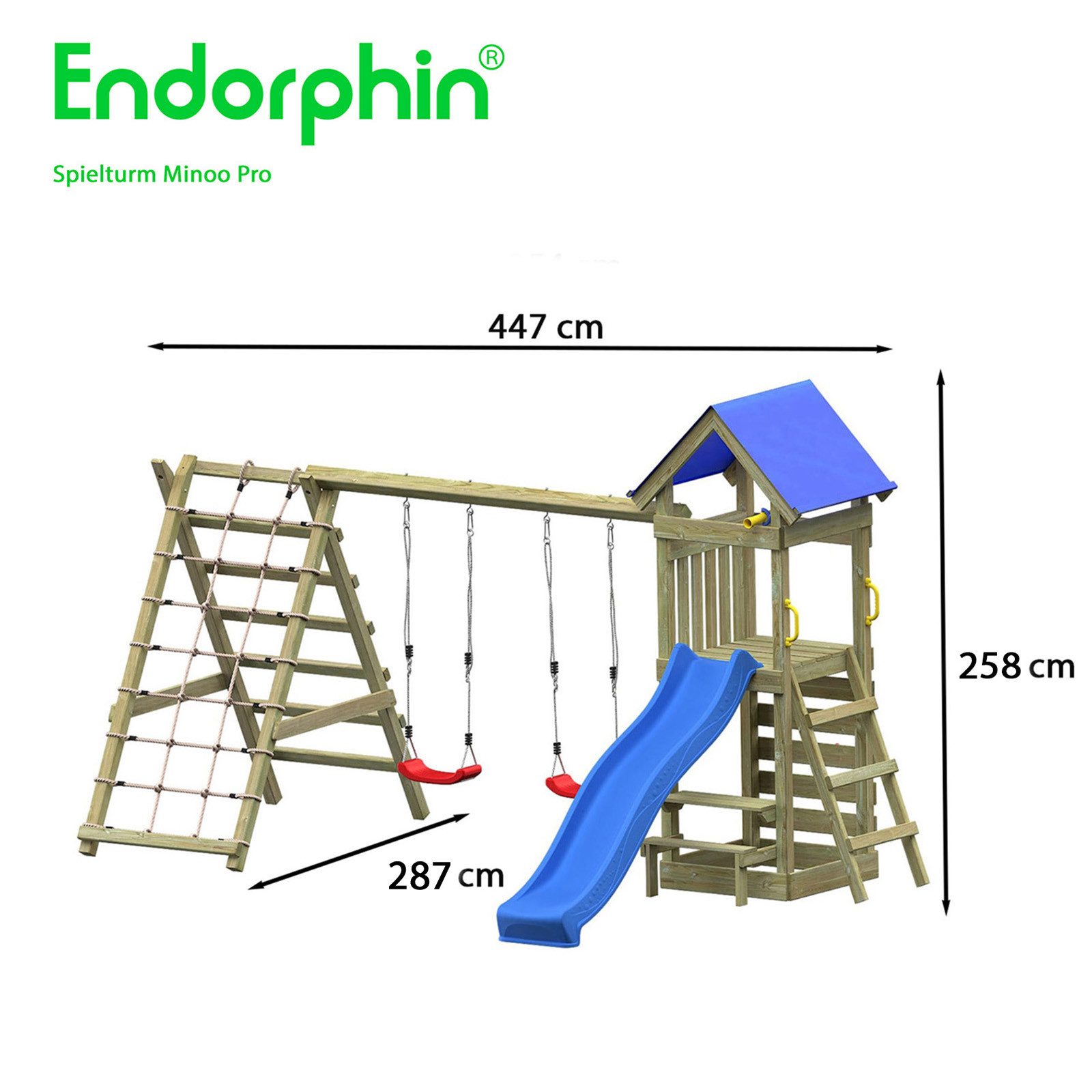 Endorphin Spielturm Spielturm Minoo Pro m. Dach Leiter Rutsche Schaukel Kletterwänden Sand