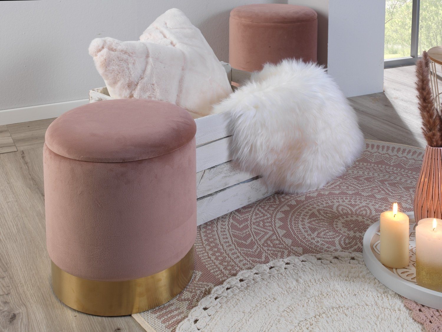 Home4You Sitzhocker, Ø 31 cm, Rosa, Samtbezug, mit abnehmbarem Deckel