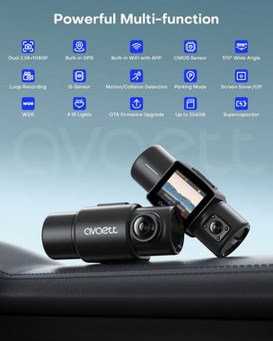 Avylet Dashcam Auto Vorne Hinten 2.5/1080P Dual Dash Cam Dashcam (170° Weitwinkel,OTA-Firmware-Upgrade, WLAN (Wi-Fi), Dual Auto Kamera mit Parküberwachung,Nachtsicht,170° Weitwinkel,WDR, G-Sensor & Loop-Aufnahme,24std.Parküberwachung,GPS und APP-Steuerung)