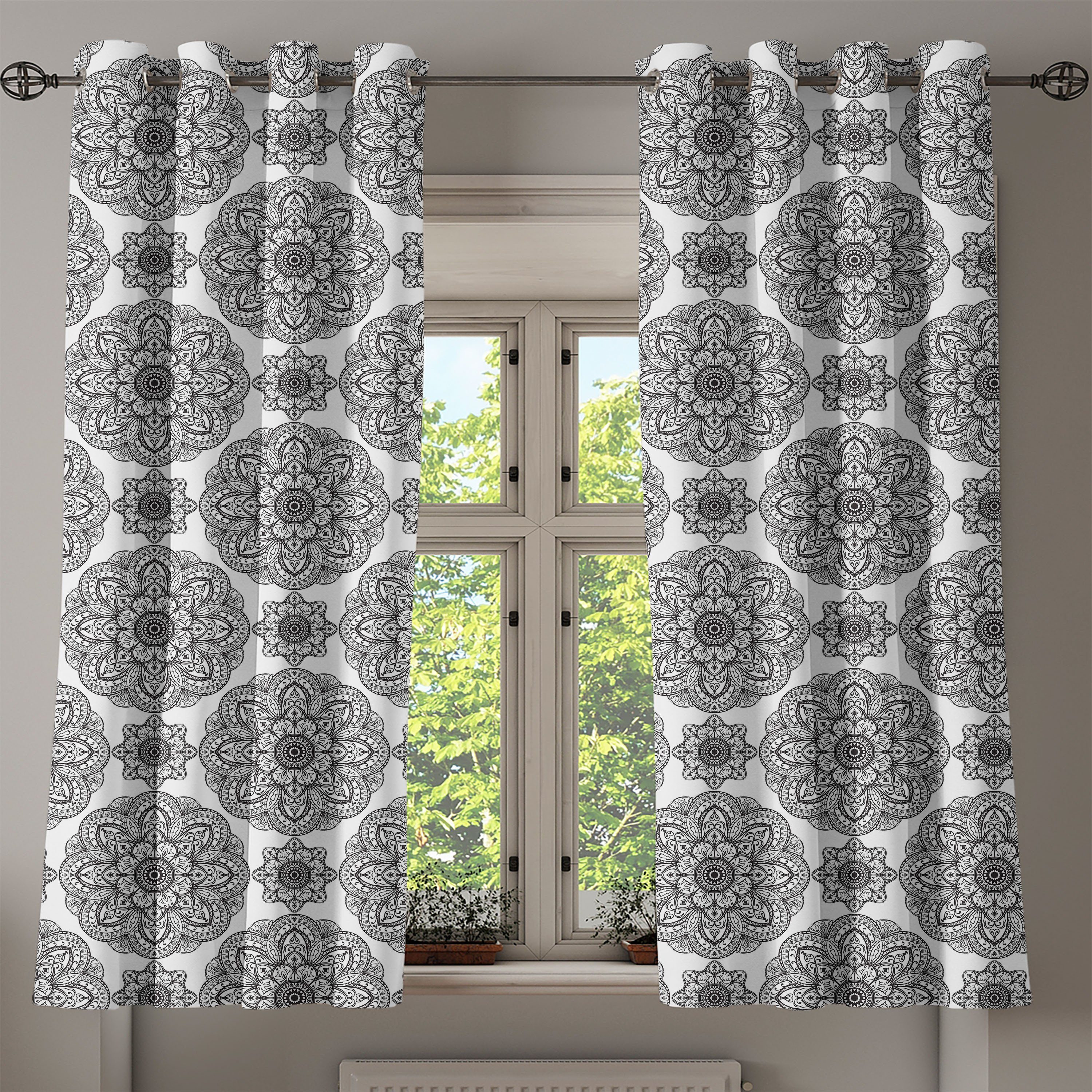 Abakuhaus, Patterns Dekorative Mandala Schwarz 2-Panel-Fenstervorhänge Schlafzimmer Wohnzimmer, Gardine für Aufwändige