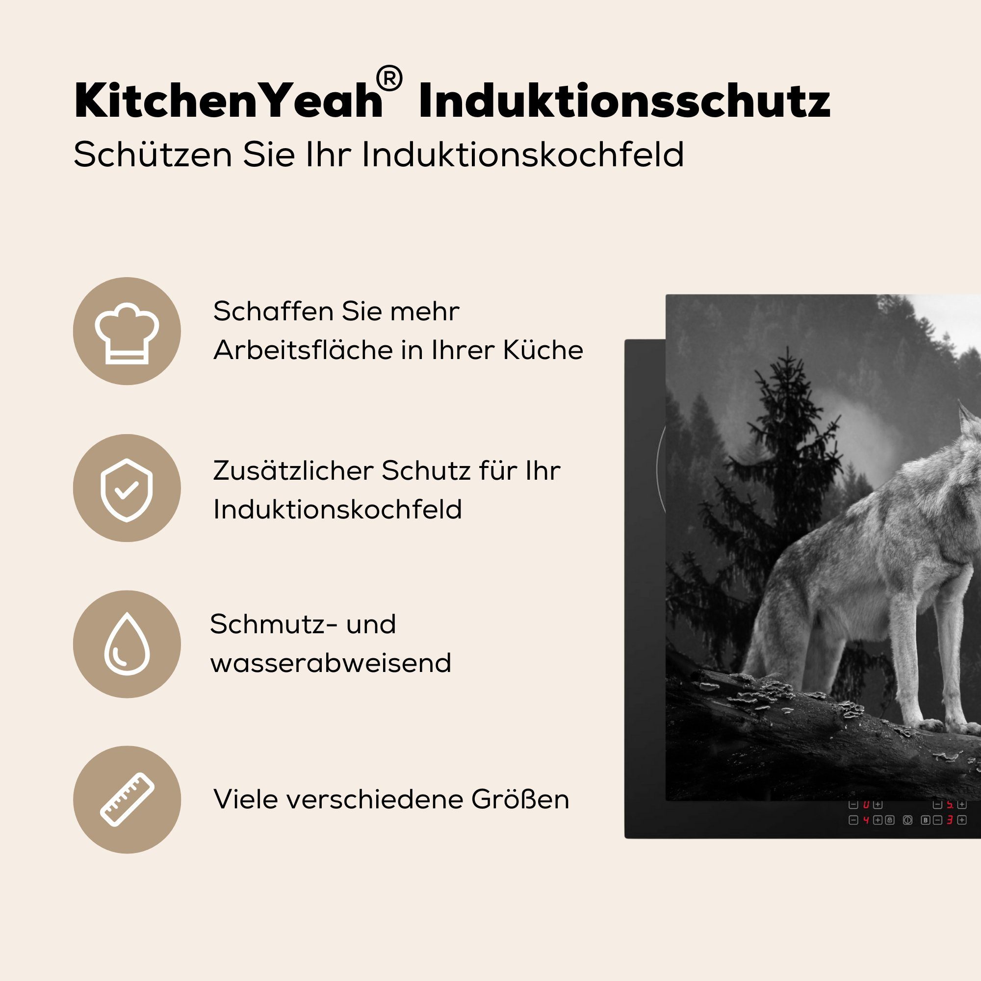 Wolf Induktionsschutz, Weiß, Induktionskochfeld, (1 Schwarz Ceranfeldabdeckung MuchoWow 57x51 cm, - Herdblende-/Abdeckplatte - tlg), - Vinyl, Wald