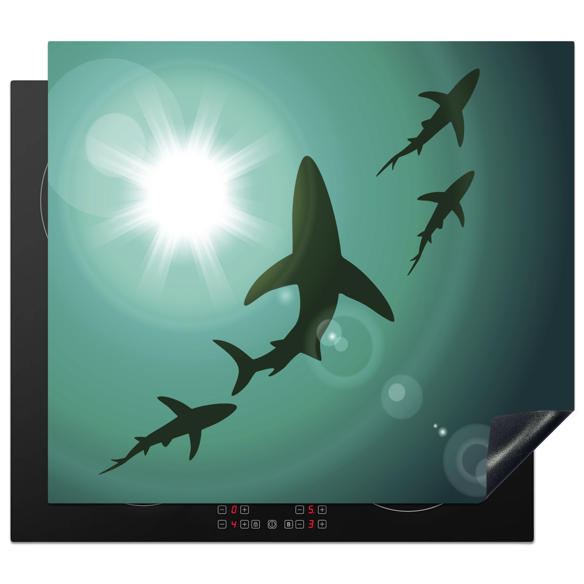 MuchoWow Herdblende-/Abdeckplatte Eine Illustration von vier weißen Haien im Meer, Vinyl, (1 tlg), 60x52 cm, Mobile Arbeitsfläche nutzbar, Ceranfeldabdeckung