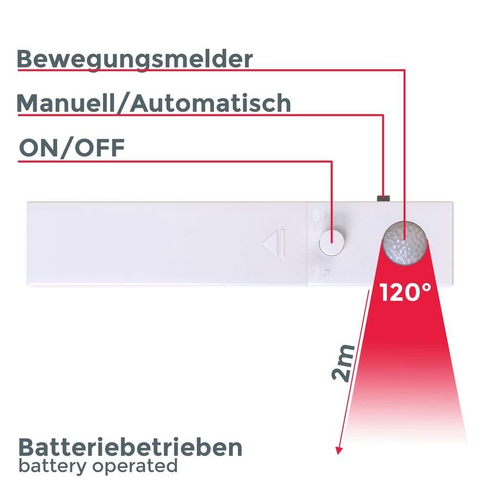 B.K.Licht Schrankleuchte LED Band Bewegungsmelder Lichterkette BKL1185, LED Weiß Selbstklebend fest 1m Silikonbeschichtung Batterie Lichtleiste - Neutralweiß, LED integriert