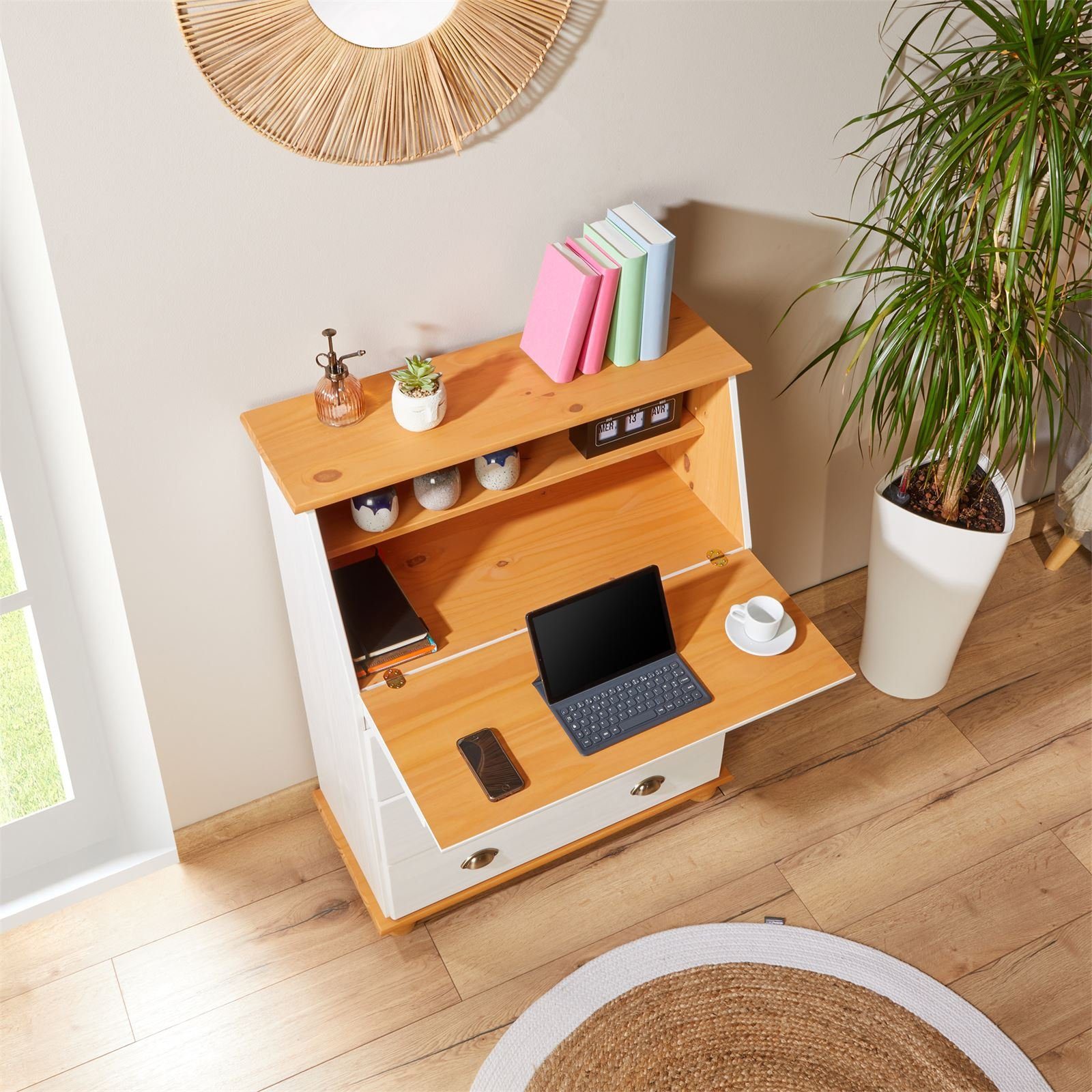 IDIMEX Sekretär GOMES, Schreibtisch mit Stauraum Landhausstil aus Massivholz Weiß/Braun
