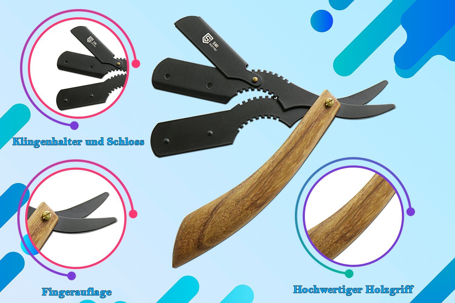 SMI Rasiermesser Holzgriff Rasiermesser Wechselklinge Bartrasierer mit 100 Klingen