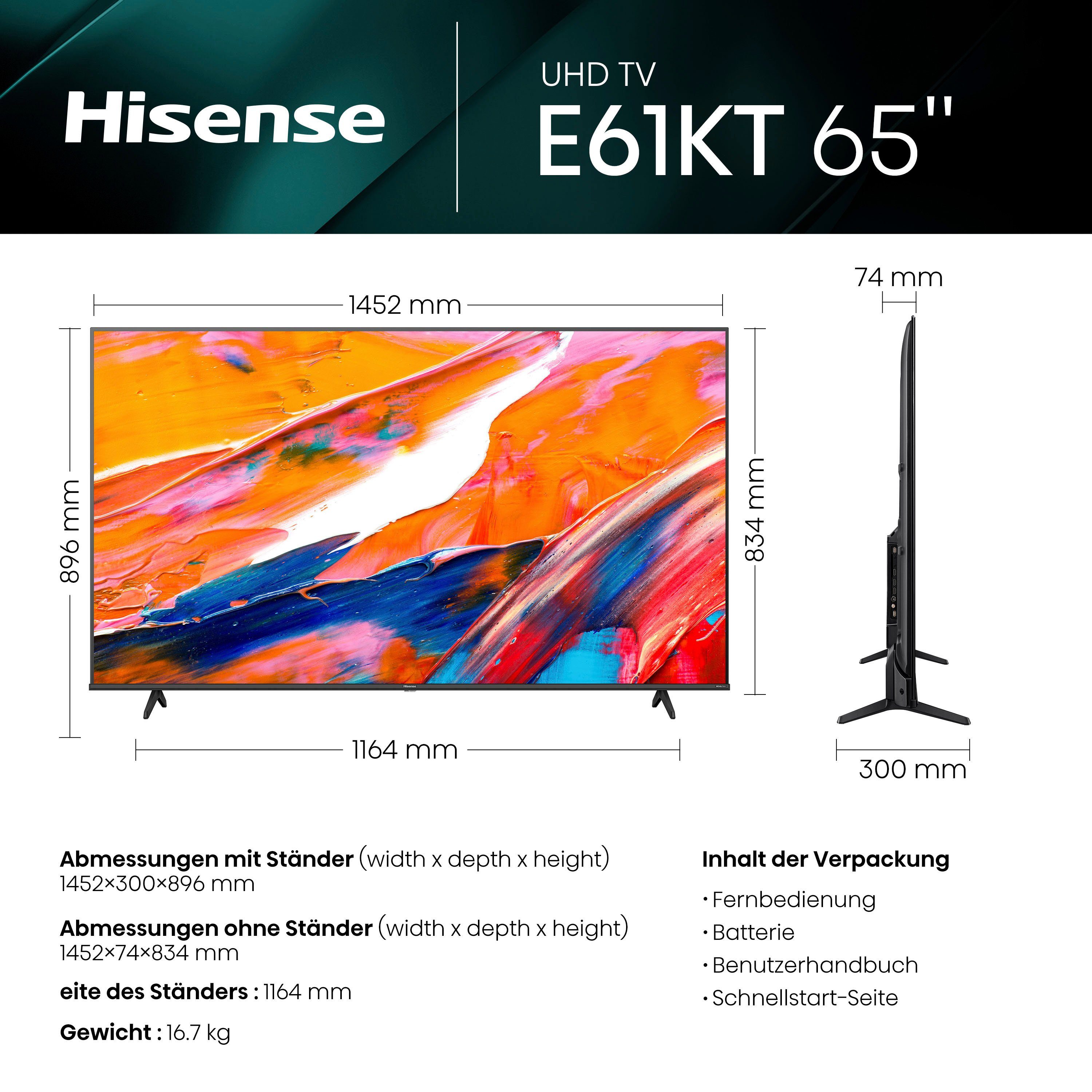 HD, Hisense DVB-C/S/S2/T/T2) Vision, Triple Tuner Ultra Smart-TV, LED-Fernseher 4K Dolby 65E61KT Zoll, cm/65 Smart-TV, (164