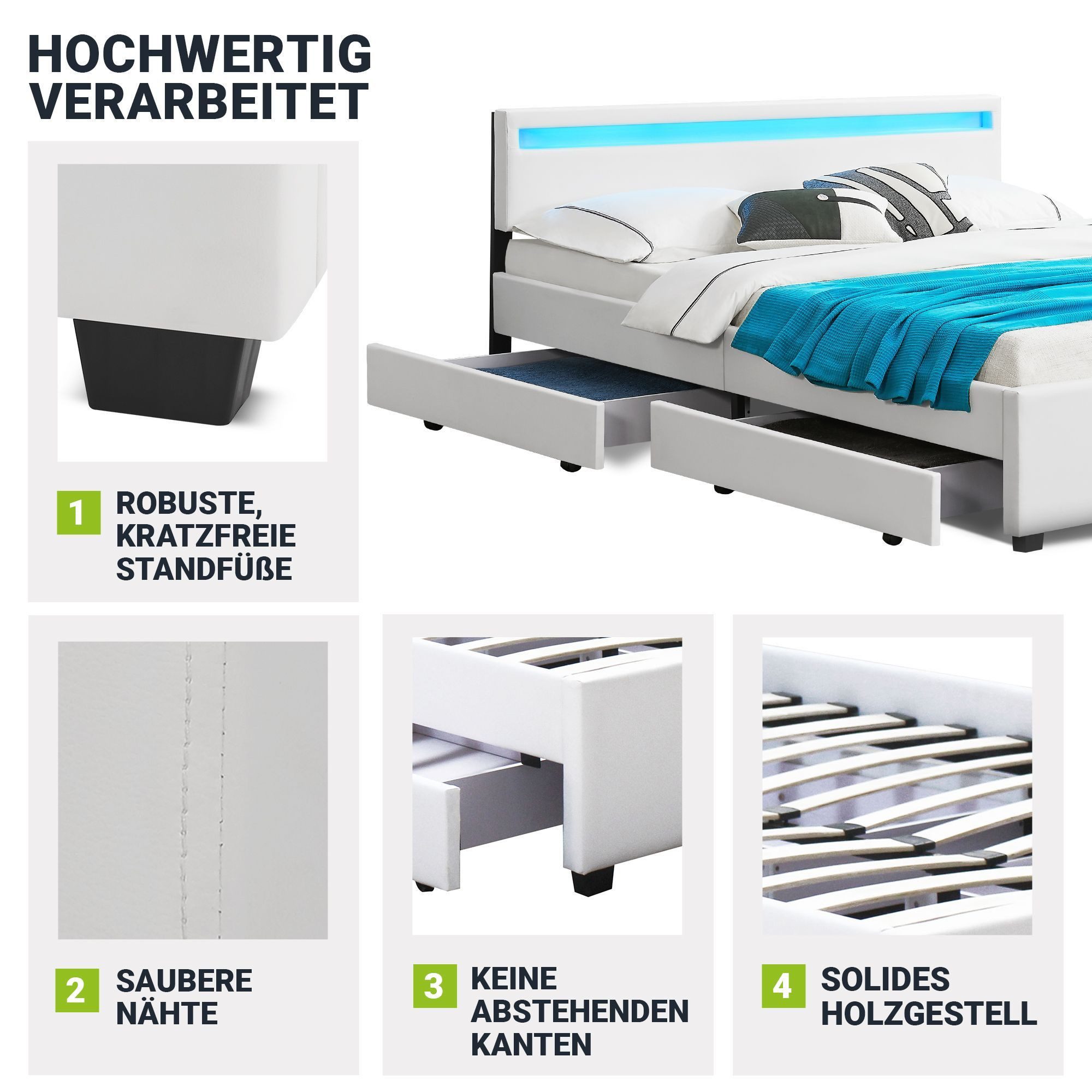 Juskys Polsterbett Lyon, 140x200 cm, ausziehbare Bettkästen, LED-Licht, gepolstertes Kopfteil