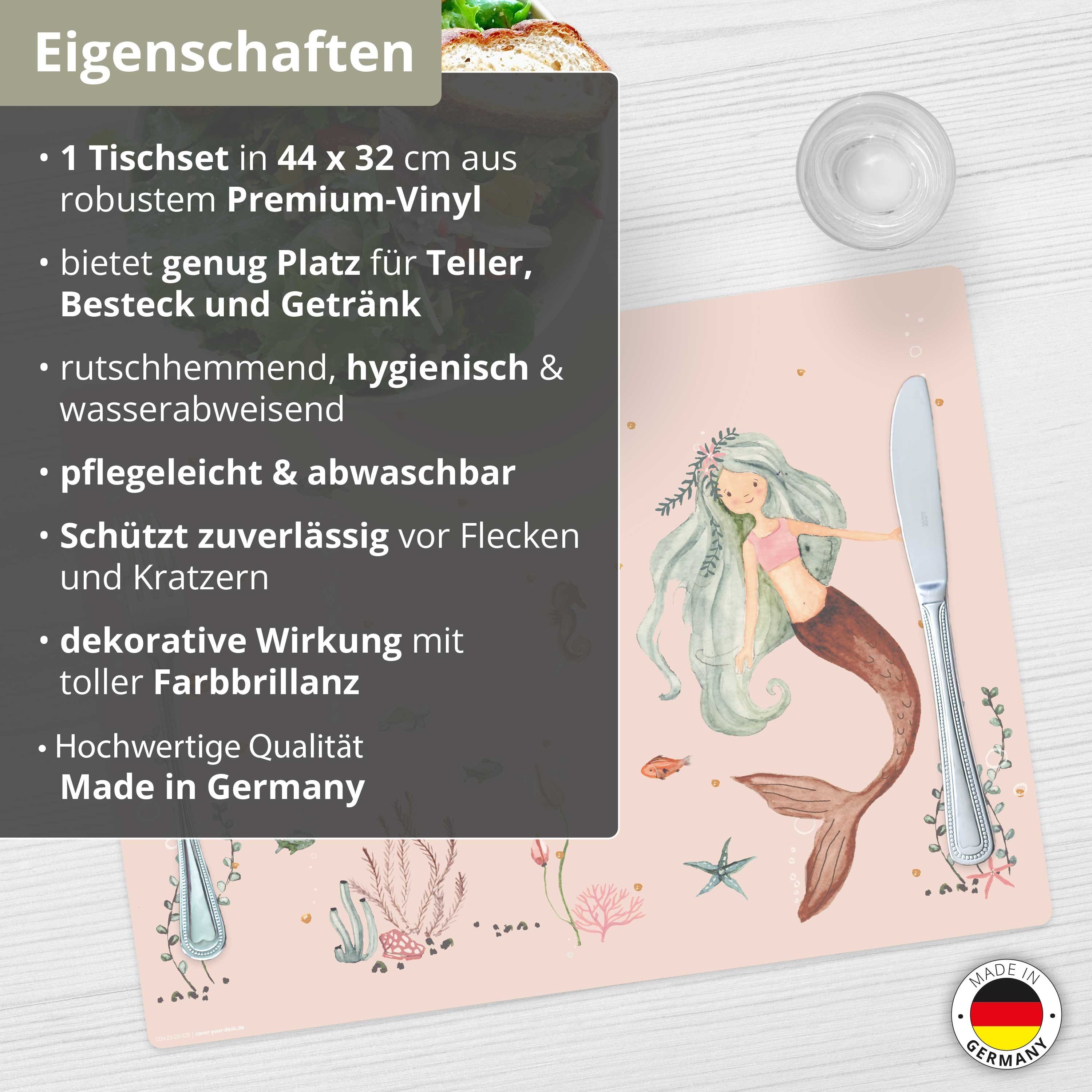 1-St., Meerjungfrau - x - für abwaschbar in Kinder Tischsetmacher, (Kunststoff Vinyl Meer, Tischdekoration), Tischset,  Platzset Platzset, erstklassigem - 44 rutschfeste 32 Made - BPA-frei), cm Germany (aus rosa