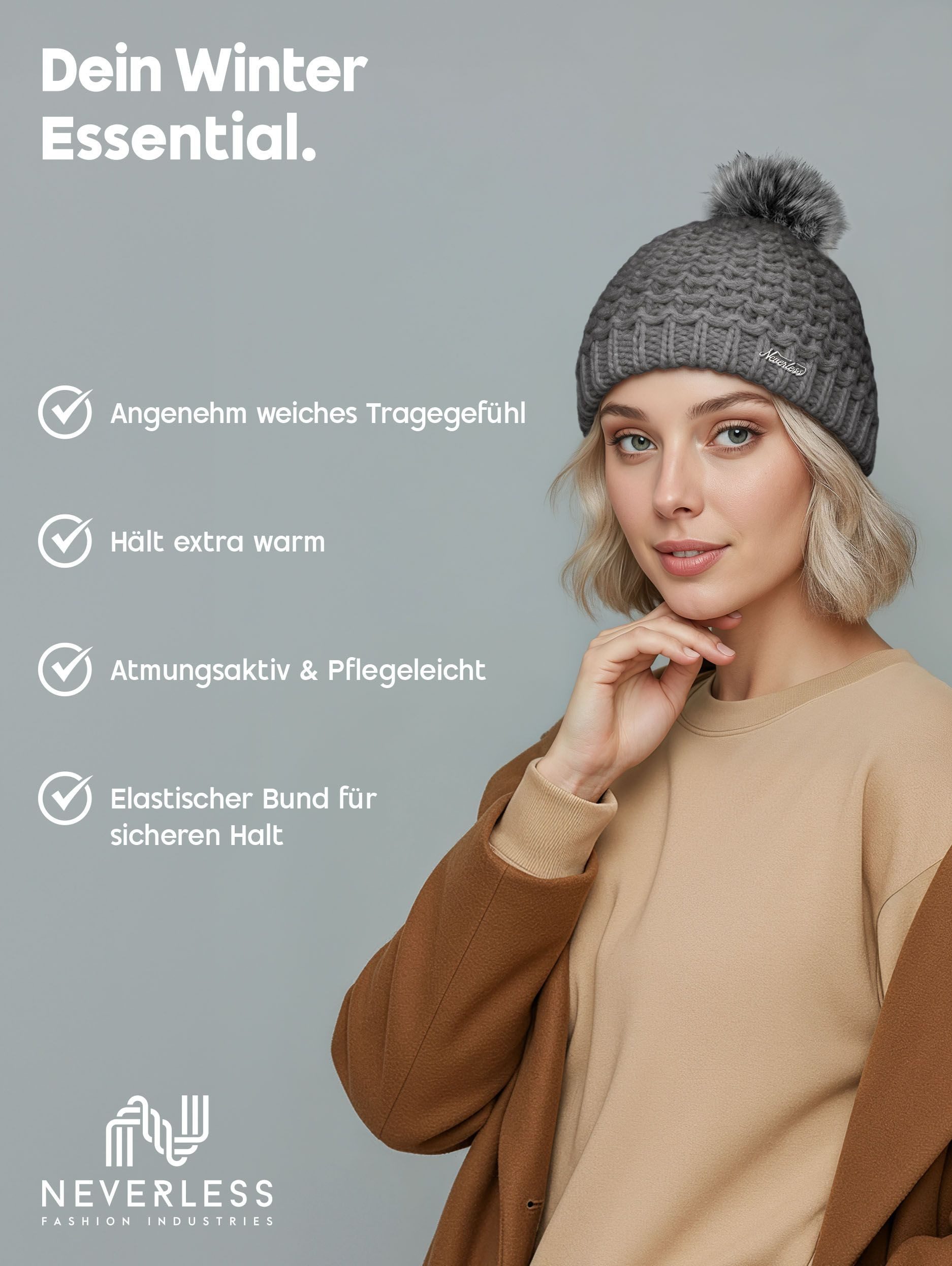 Neverless Strickmütze Damen Strickmütze Perlstrickmuster Pudelmütze Wintermütze ohne
