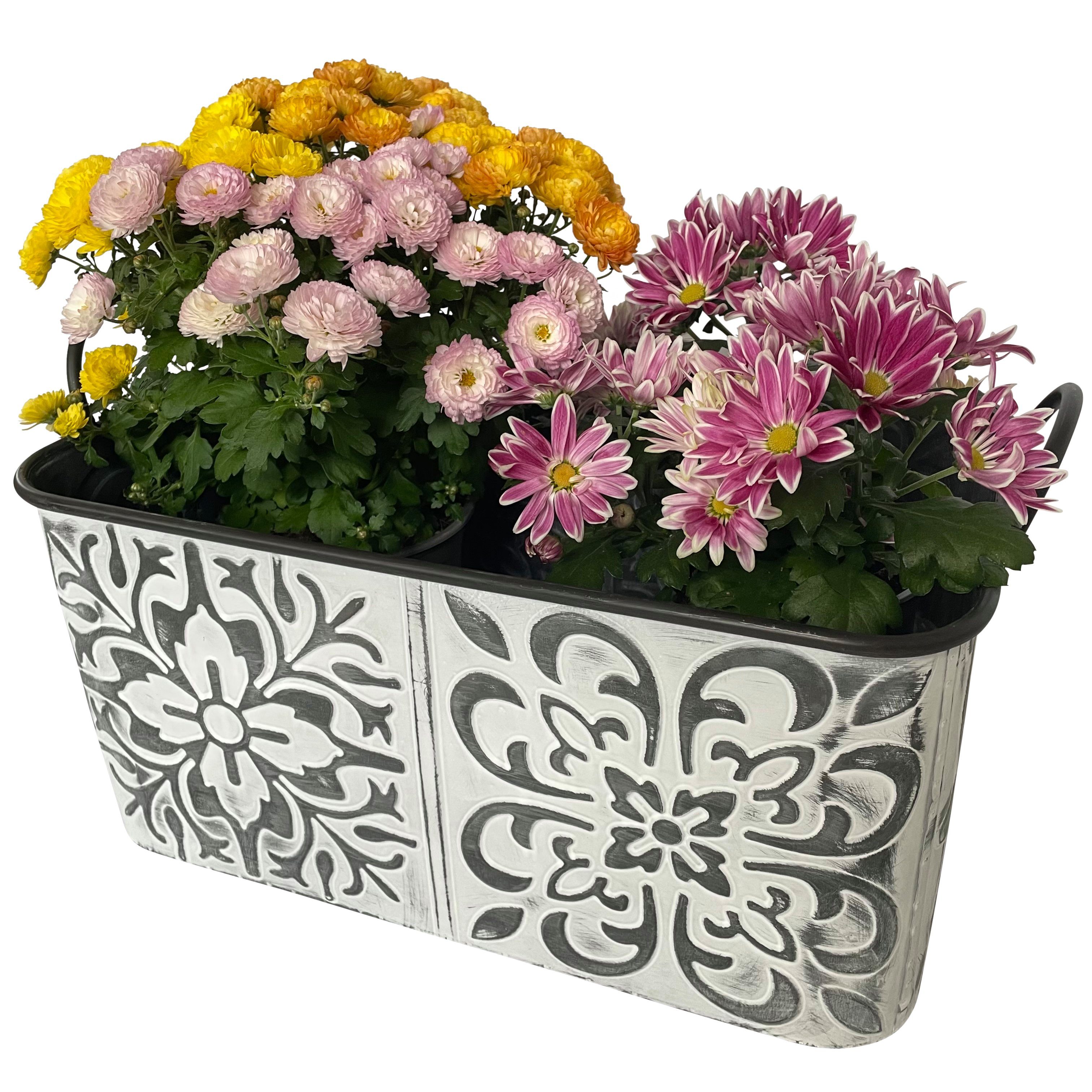 Online-Fuchs Blumentopf Zinkwanne mit Blumenmuster groß Кашпо Kasten Metall (Vintage Silber/weiß), Maße mittlerer Blumenkasten ca. 43 x 26 cm und 21 cm hoch
