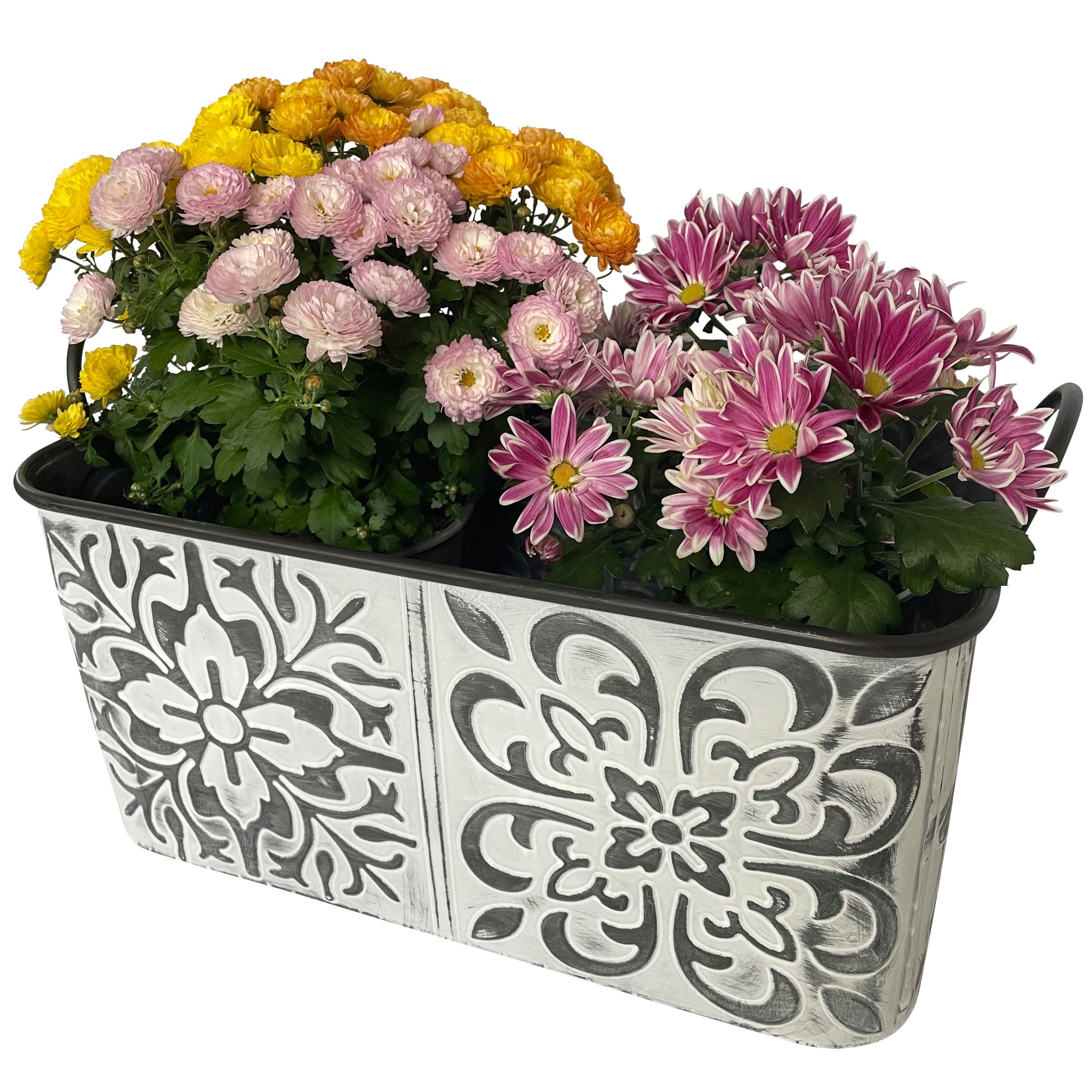 Online-Fuchs Blumentopf Zinkwanne mit Blumenmuster groß Плантатор Kasten Metall (Vintage Silber/weiß), Maße mittlerer Blumenkasten ca. 43 x 26 cm und 21 cm hoch
